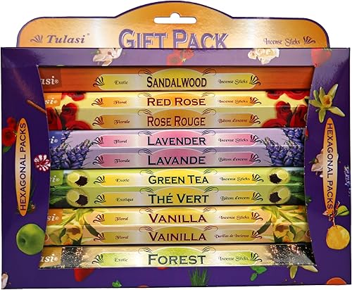 Tulasi Varitas de incienso con aceites naturales, juego de 6 fragancias (120 varillas) de incienso enrolladas a mano, aromaterapia calmante para el