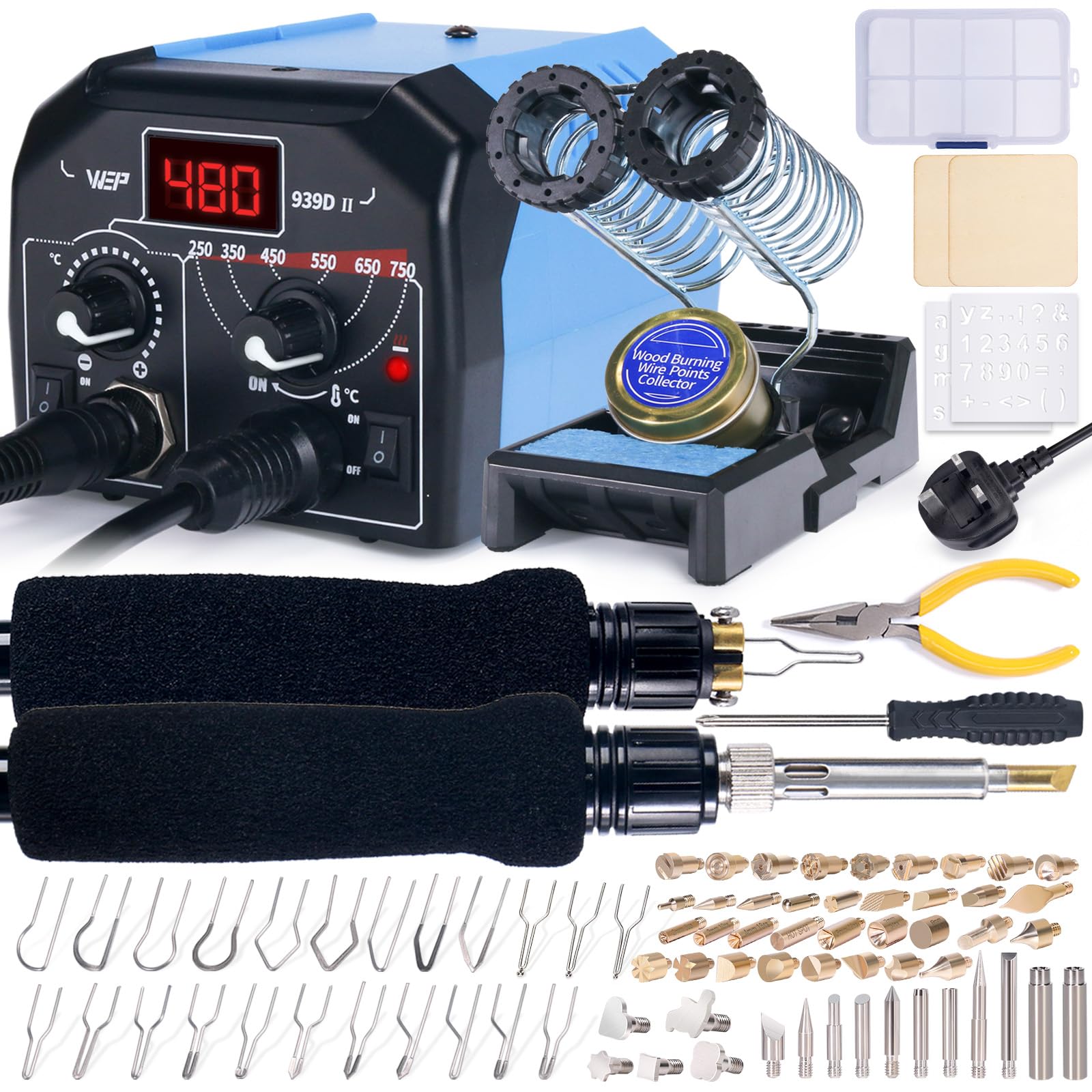 WEP 939D-II 2-in-1 Wood Burning Kit 86-in-1 with 51 Solid Points and 23 Wire Nibs Wood Burner with 2 Letter Number Stencils