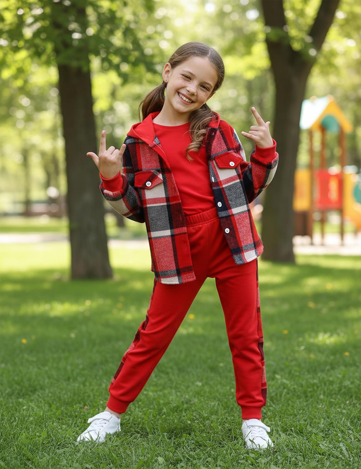 Girls Clothes Fall Outfits Classic Flannel Plaid Hoodies Sweatpant 2pcs 7-14Y image 2
