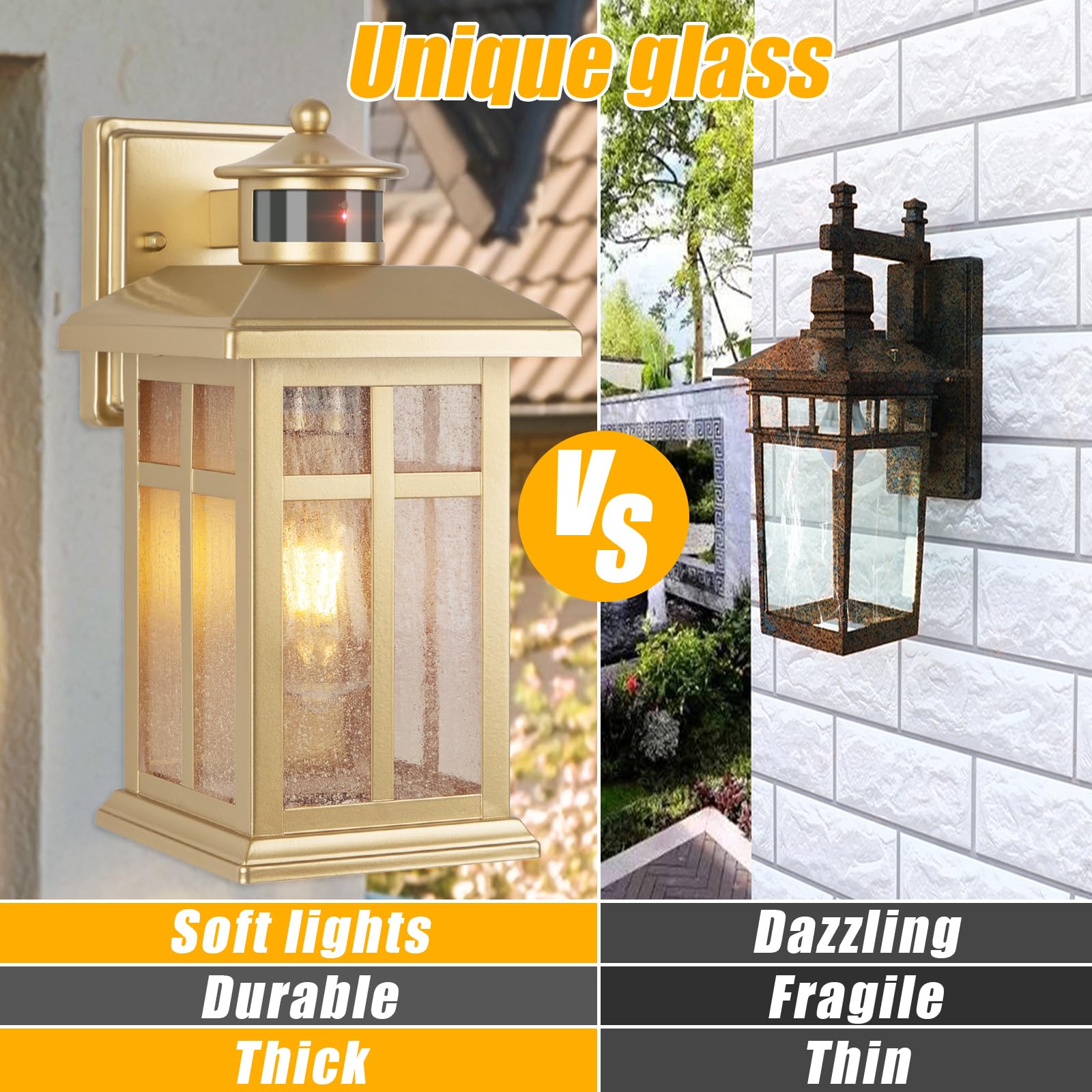 Brilvibera - Sensore di movimento per esterni, impermeabile, luce dorata per esterni di casa, moderne luci da parete per esterni, luce per garage all'aperto ultimo intervento, luce esterna