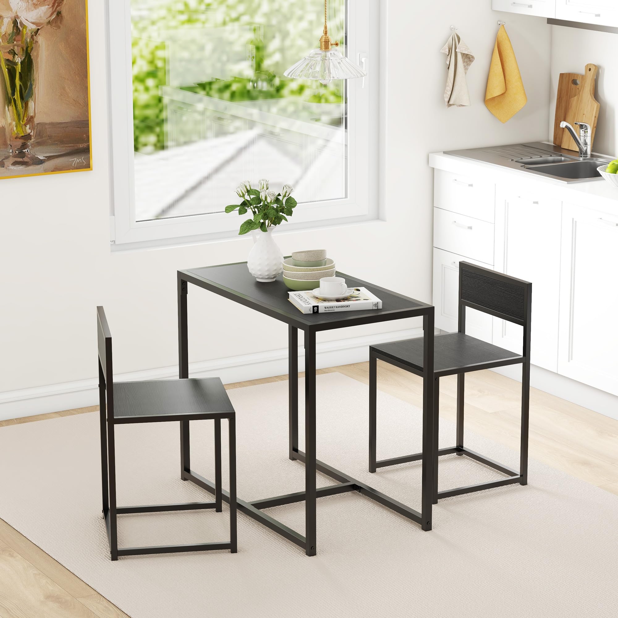 Juego de mesa de comedor industrial de 3 piezas para 2, mesa de cocina y sillas, juegos de comedor para espacios pequeños, color negro 8