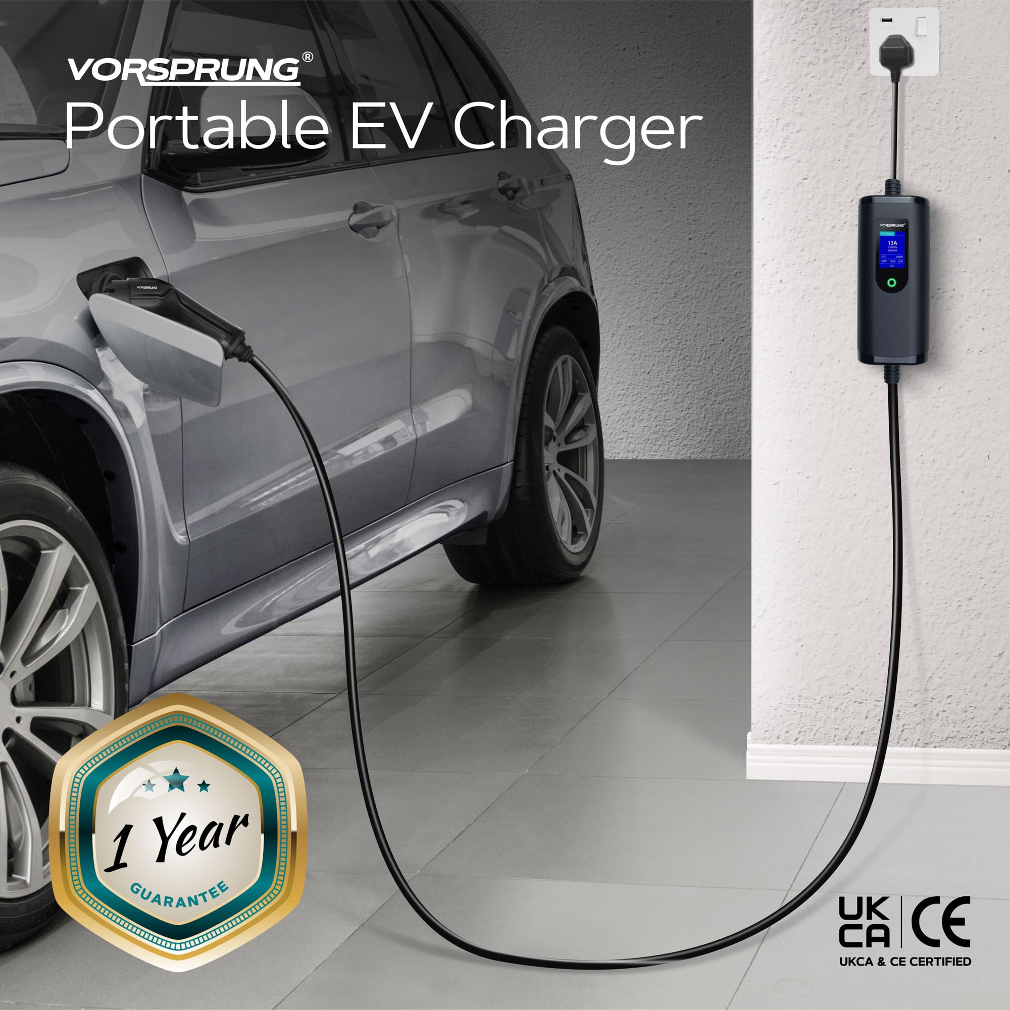 VORSPRUNG® Portable EV Charger Type 2 with 8 Metre 8M Controllable Digital Screen (UK Plug 3 pin), Electric Vehicle Portable Charging Cable Type 2 (type 2 female), 8/10/13A FREE Carry Case (8M) — view 5