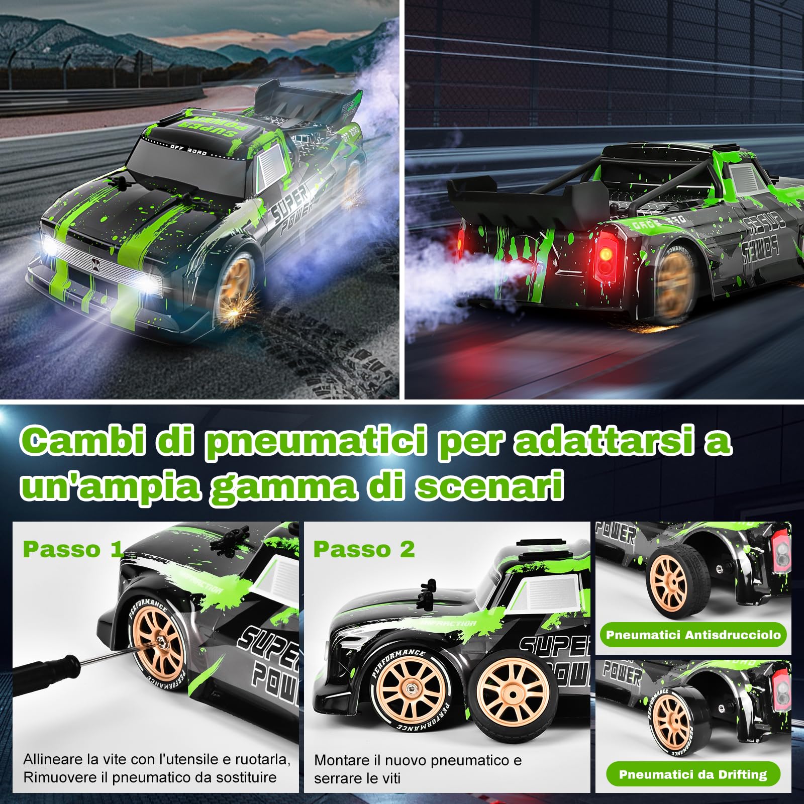 Joellfuner Macchina Telecomandata Drift, 4WD 1:14 RC Drift Car, 25km/h Auto Telecomandata con Nebbia Spray e Luce LED, RC Deriva Race Auto Giocattolo per Bambini di Età Superiore agli 8 Anni (Verde)