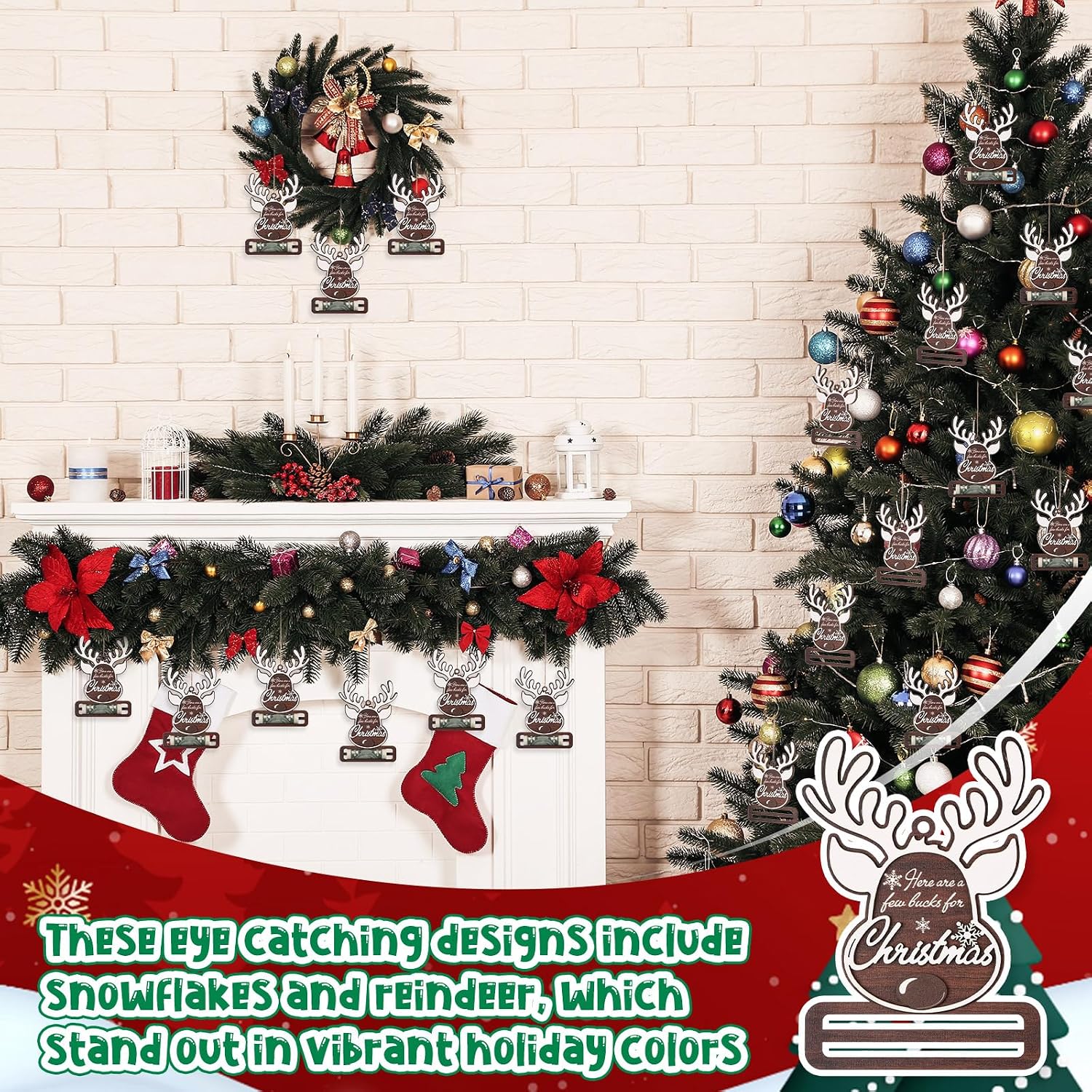 Jenaai 24 Pcs Christmas Money Holder for Cash Gift Reindeer Money Holder Ornament Bulk Wooden Christmas Tree Gift Cash Hanging Ornament Here are a Few Bucks for Xmas Party Stocking Stuffers Gifts