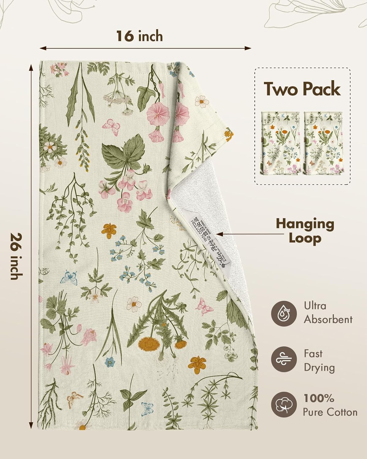 Cotton Kitchen Towels Set of 2 - Cute Design 16×26 Inch Dish Towels for Kitchen with Hanging Loop Line Flower Quick Dry Hand Towels Soft & Absorbent, Decorative Terry Cloth Tea Towels - Image 4