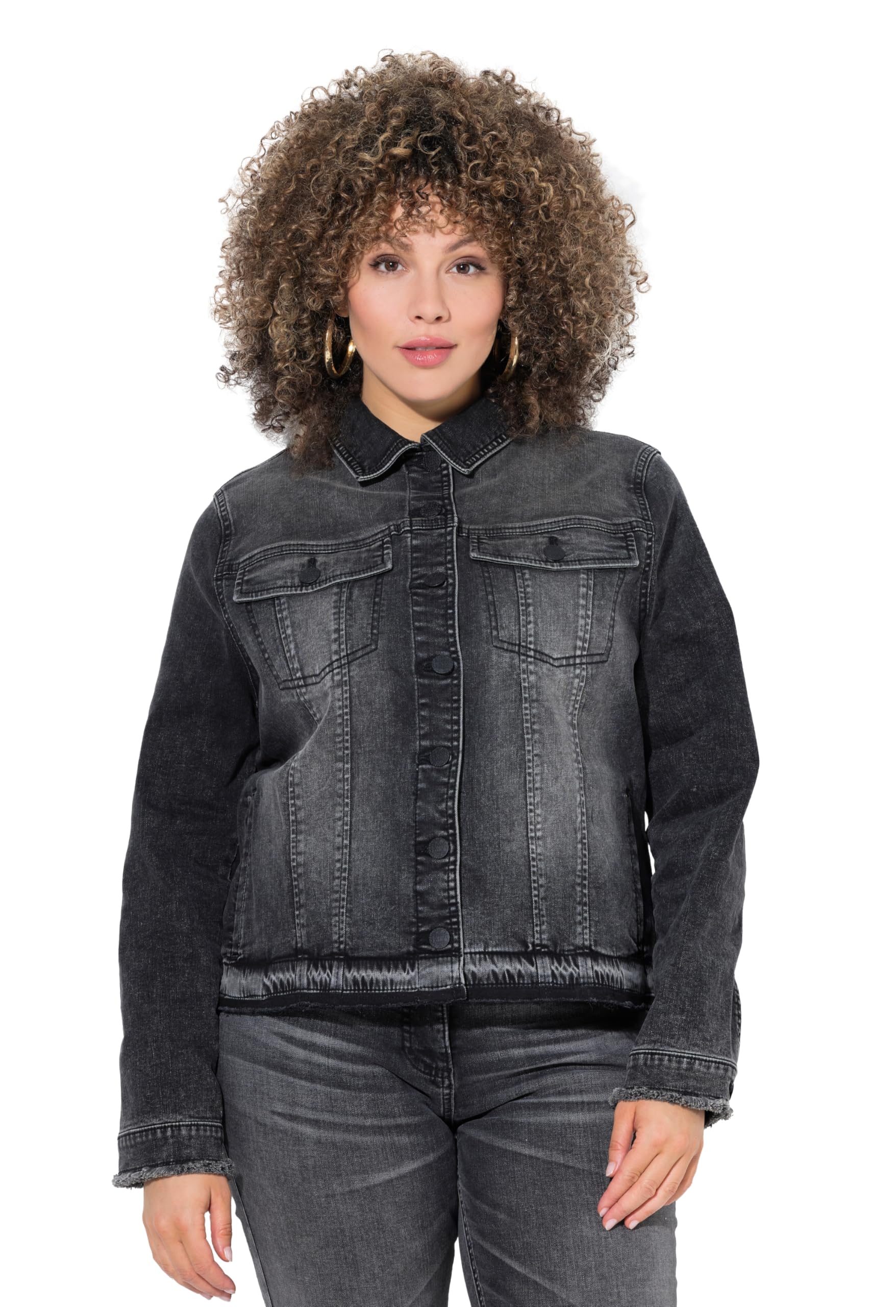 Ulla Popken Damen große Größen Übergrößen Plus Size Jeansjacke, Fransen, Hemdkragen, Langarm 840924