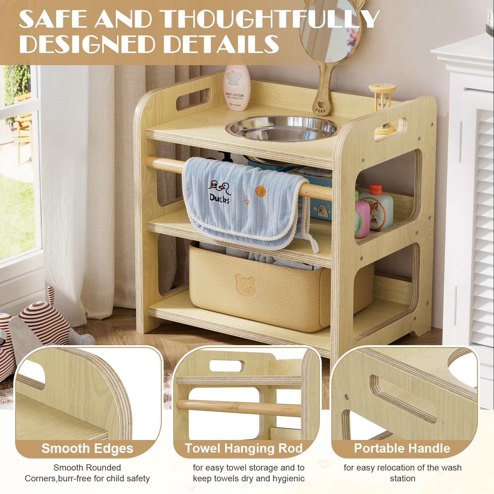 MSFE Lavabo Montessori con Espejo de Oso,Reloj de Arena,Toalla y Cesta,Marco de Lavabo Infantil de Madera para Ayudar al Niño a Experimentar la Higiene Personal e Autonomía con Diversión,35*50*50CM