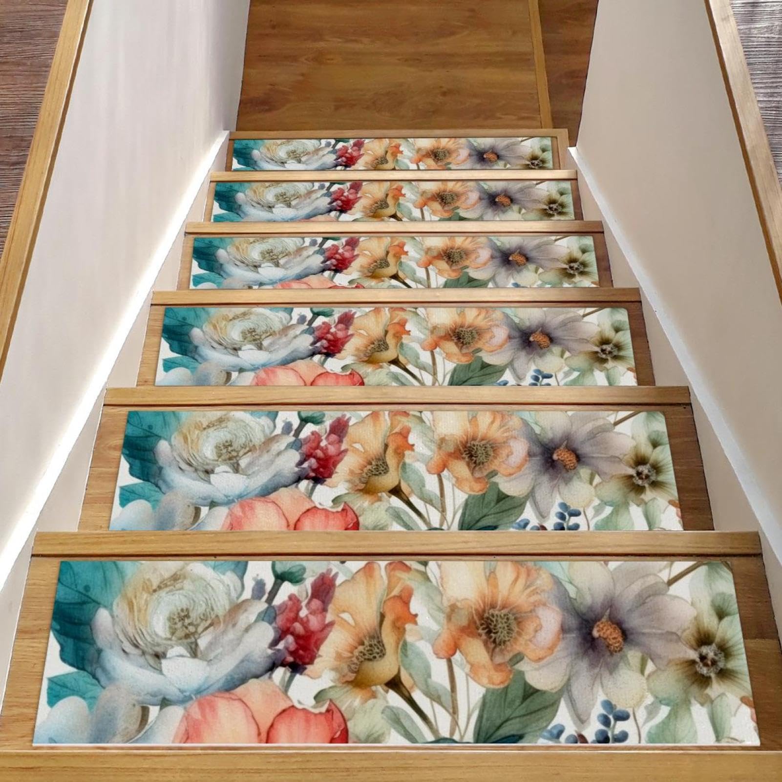 Peldaños de escalera para madera con flores antideslizantes y base autoadhesiva