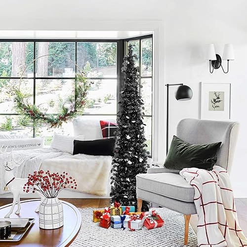 Miniatura 7 de MACTING Árbol de Navidad desplegable de 5 pies con 50 luces LED, plegable, fácil de montar, árbol de lápiz de oropel con purpurina costera para el