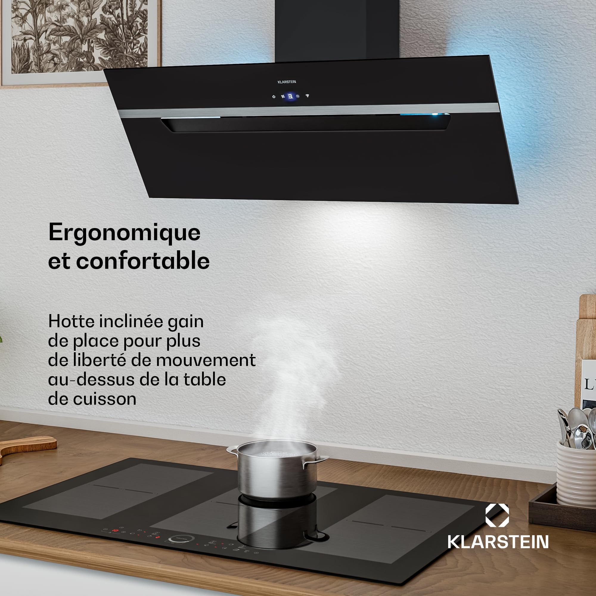 Klarstein BigBite Hotte Aspirante 90 cm - Hotte Décorative Inclinée, 417 m³/h, A+++, LED, 3 Vitesses & Boost, Filtre Charbon, Tactile, Recyclage ou Évacuation, Design Verre Noir