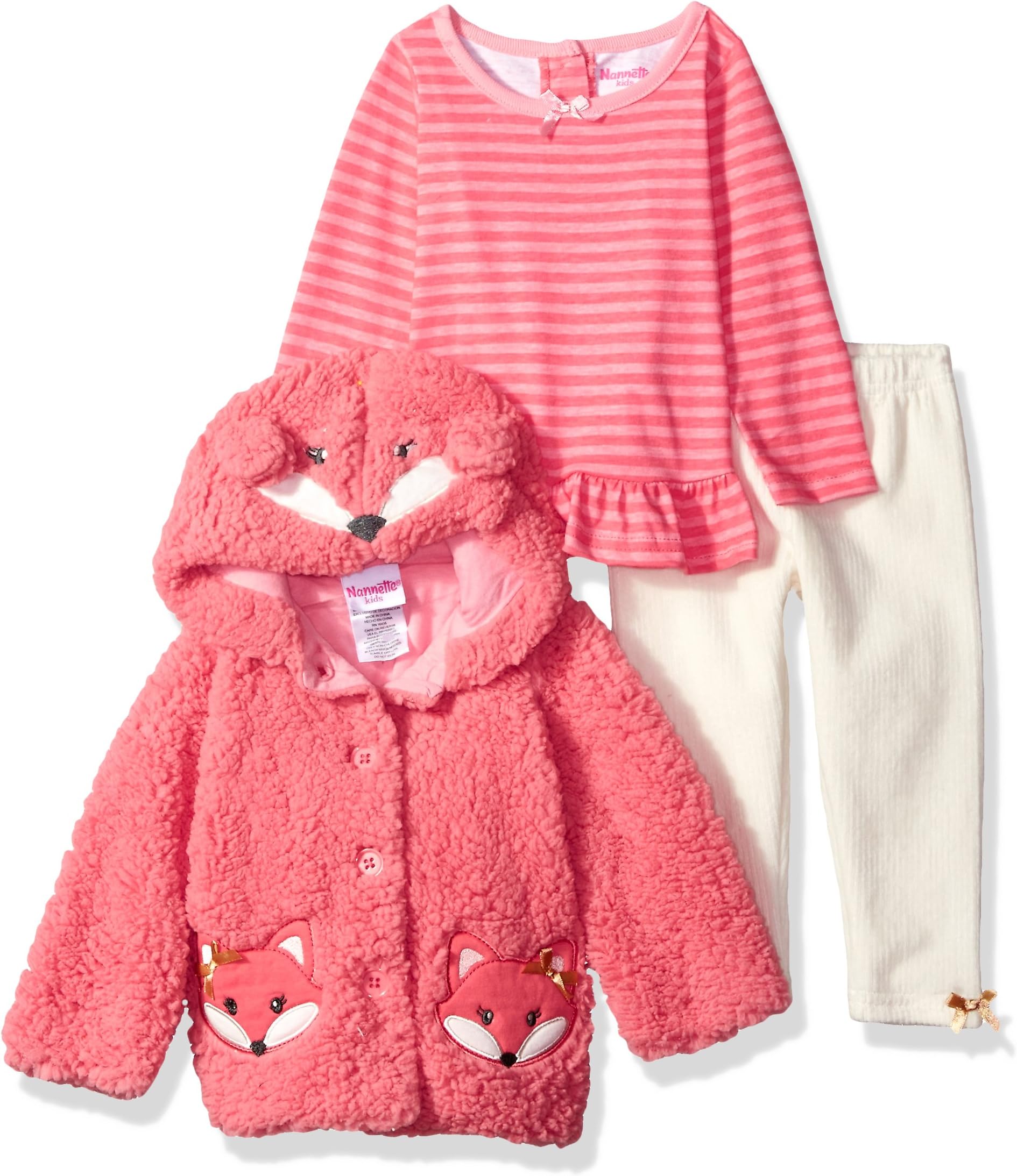 Nannette Baby Girls' 3 Piece Hooded Faux Fur Jacket Set with Tee and Pant