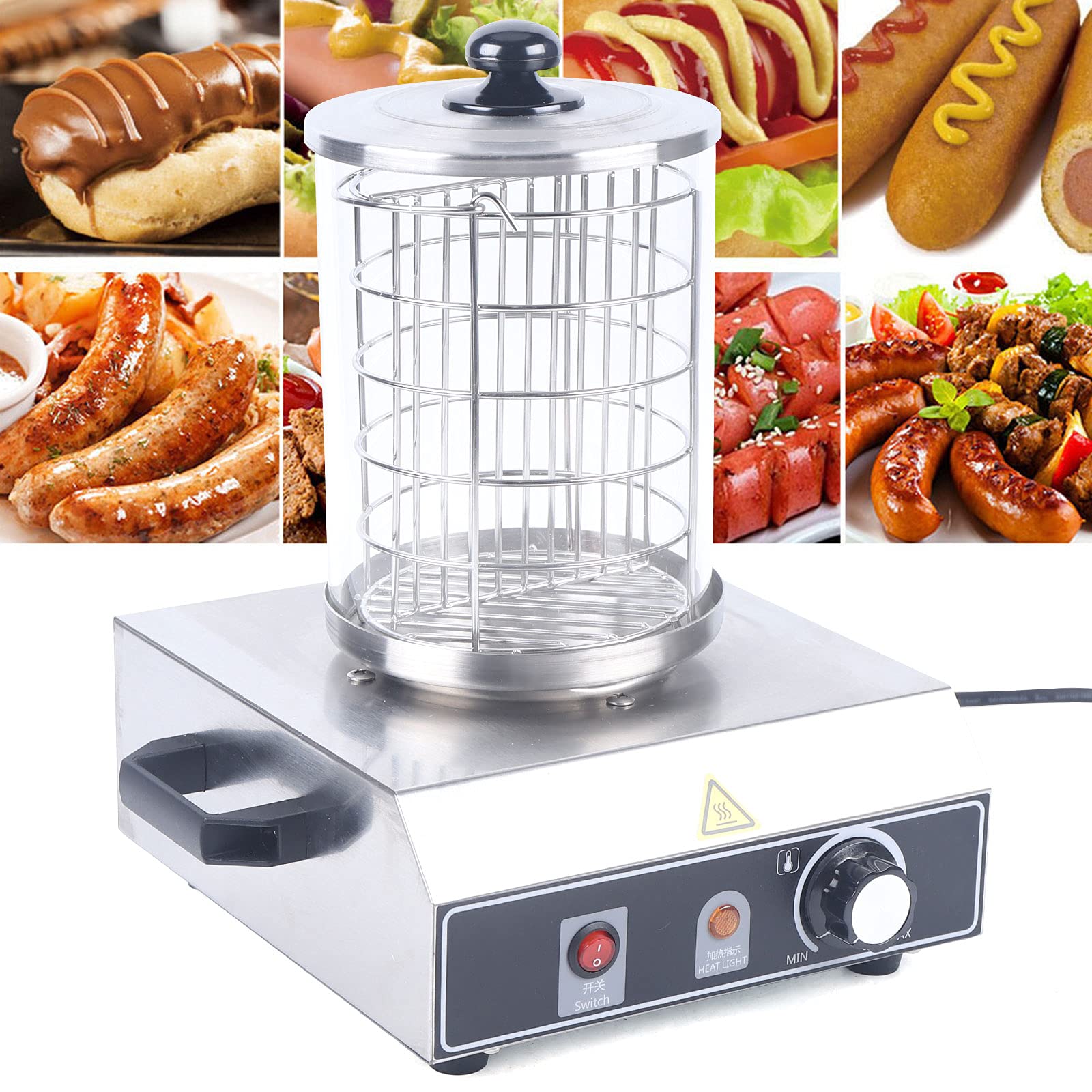 Würstchenwärmer, 350W Hot Dog Maker Temperaturbereich 0-85 °C Zylinderdurchmesser 16 cm Profi Würstchenkocher aus Edelstahl