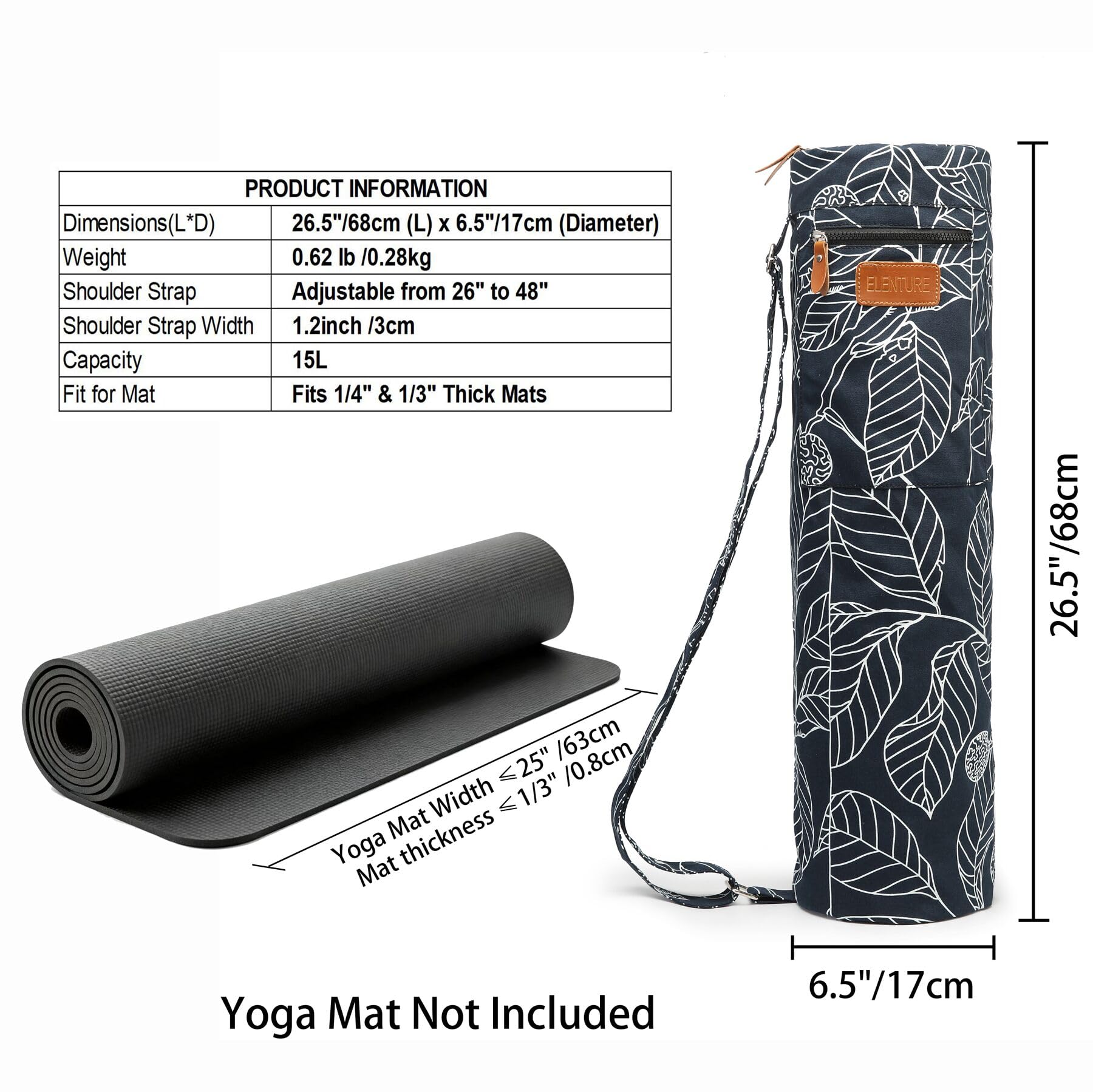 Borsa per tappetino da yoga, borsa da trasporto per tappetino da yoga con cerniera intera, borsa per il trasporto per donne e uomini, con tasche multifunzione e tracolla regolabile
