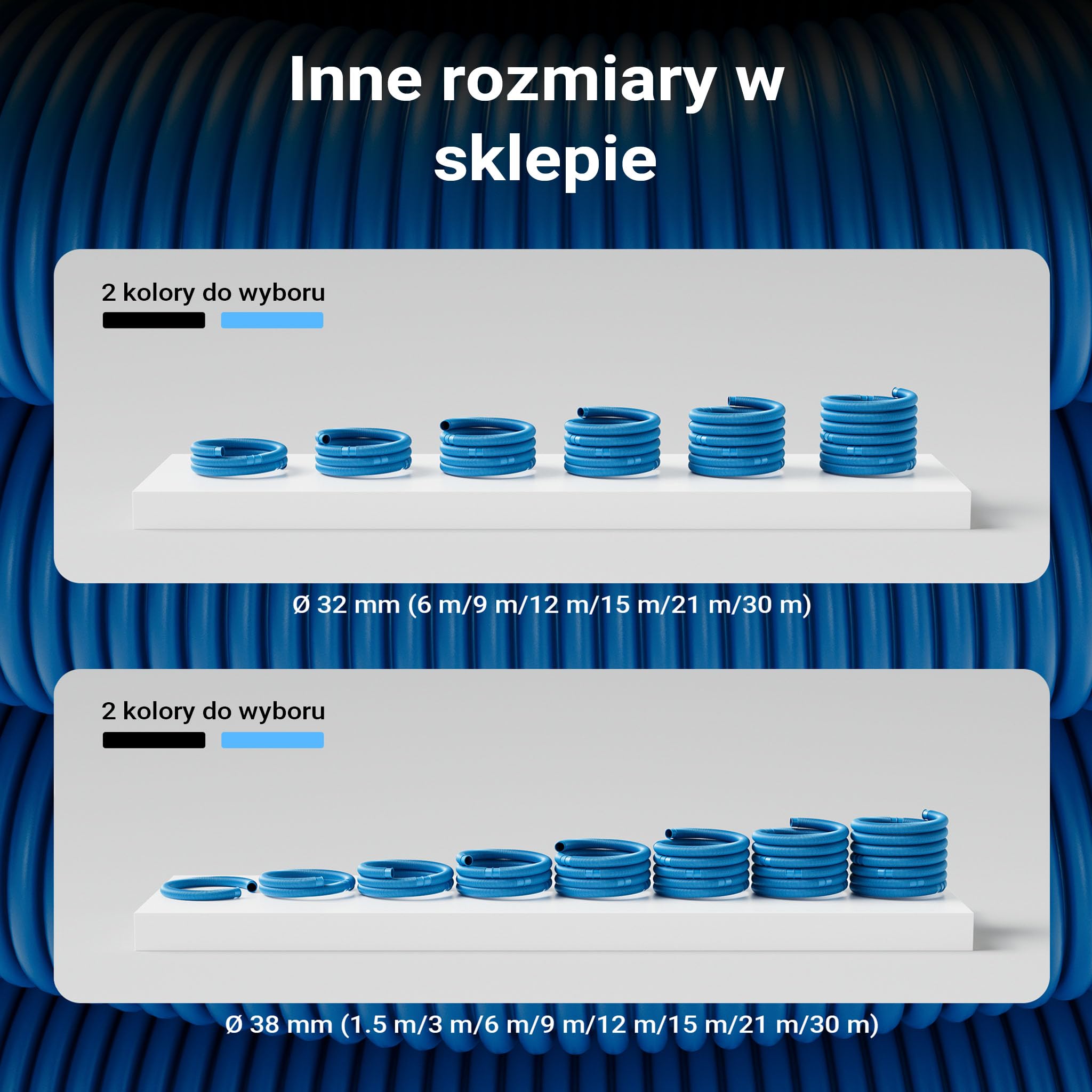 Wiltec Wąż do basenu o długości 15 m, Ø 38 mm niebieski wąż ssący do pompy basenowej z mufami, wąż solarny - Made in EU