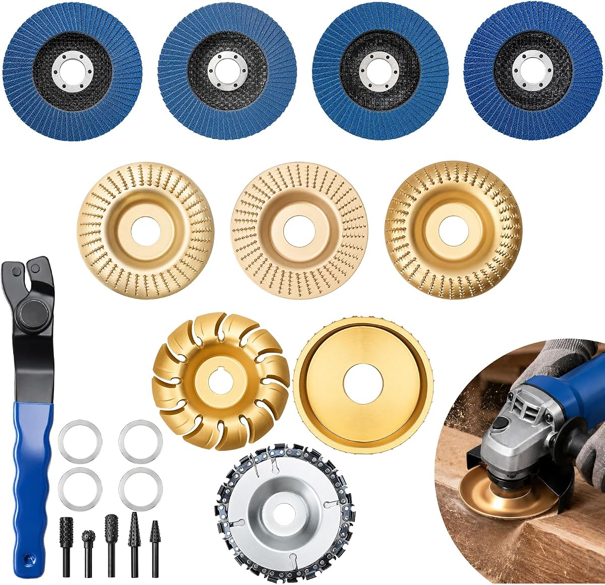 Ultimate - Juego de 20 discos para tallar madera para amoladora angular de 4 a 4 1/2 pulgadas, kit profesional de carpintería con ruedas moldeadoras, discos de motosierra, rebabas giratorias y ruedas de aletas para esculpir, lijar y pulir
