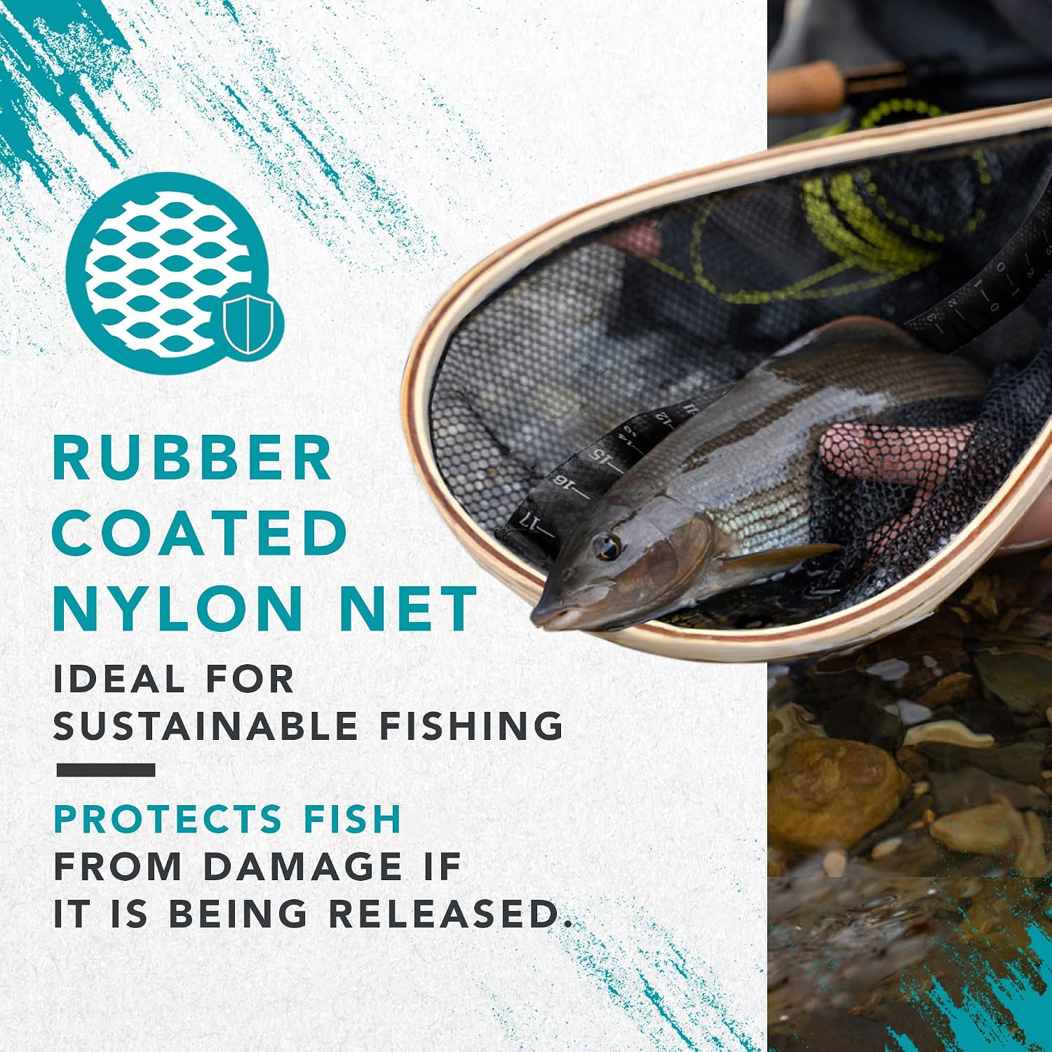 fly fishing net. Fish landing net with magnetic release. Net incorporates tape measure. Perfect for salmon, trout, bass or carp fishing. Fresh or seawater fishing. Strong & light weight for wading canoe or kayak fishing.