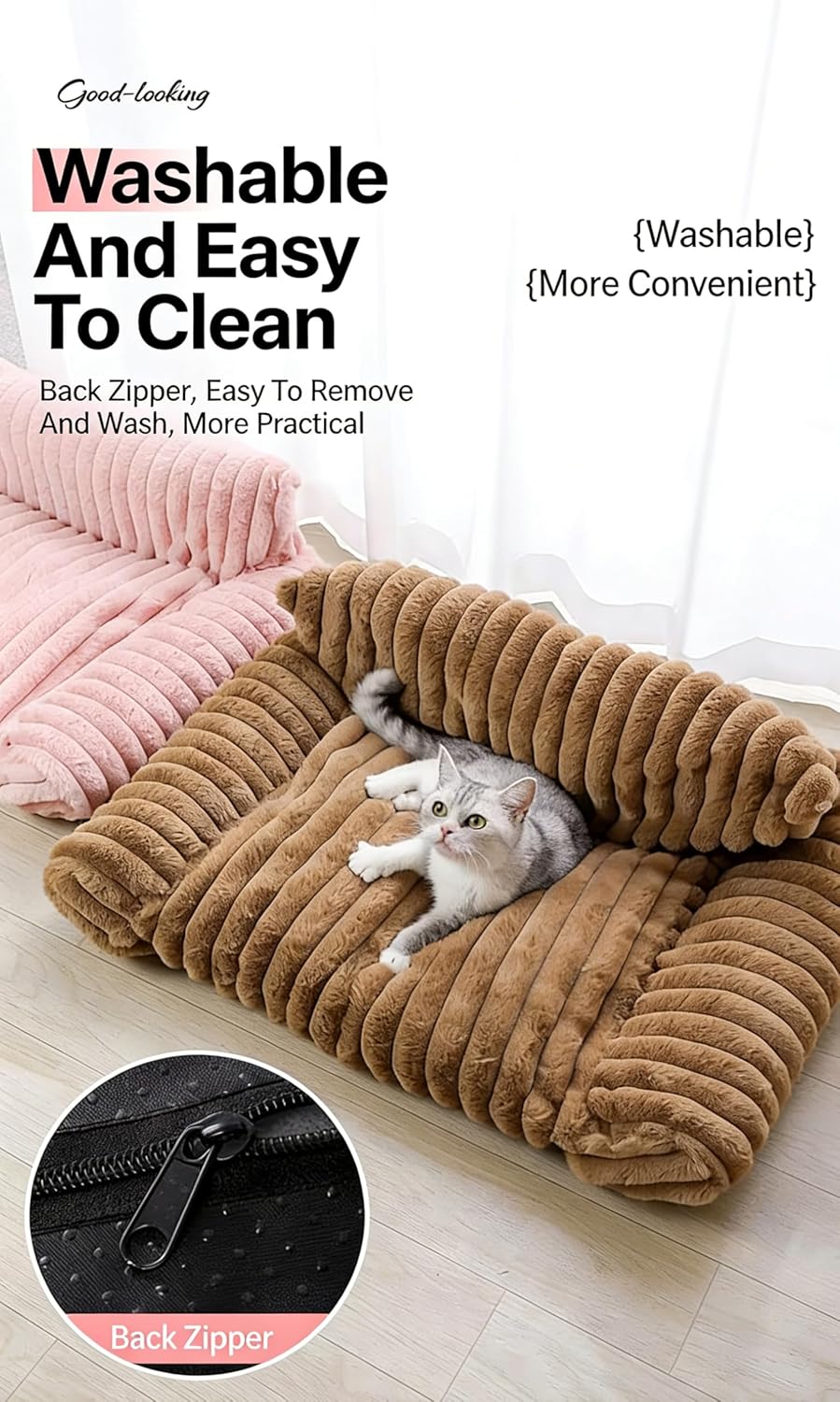 Plush Calming Pet Sofa Bed, Fluffy Dog & Cat Couch Bed with Raised Rim, Removable Washable Cover & Non-Slip Bottom, Soft Anti-Anxiety Pet Bed (Pink, S)