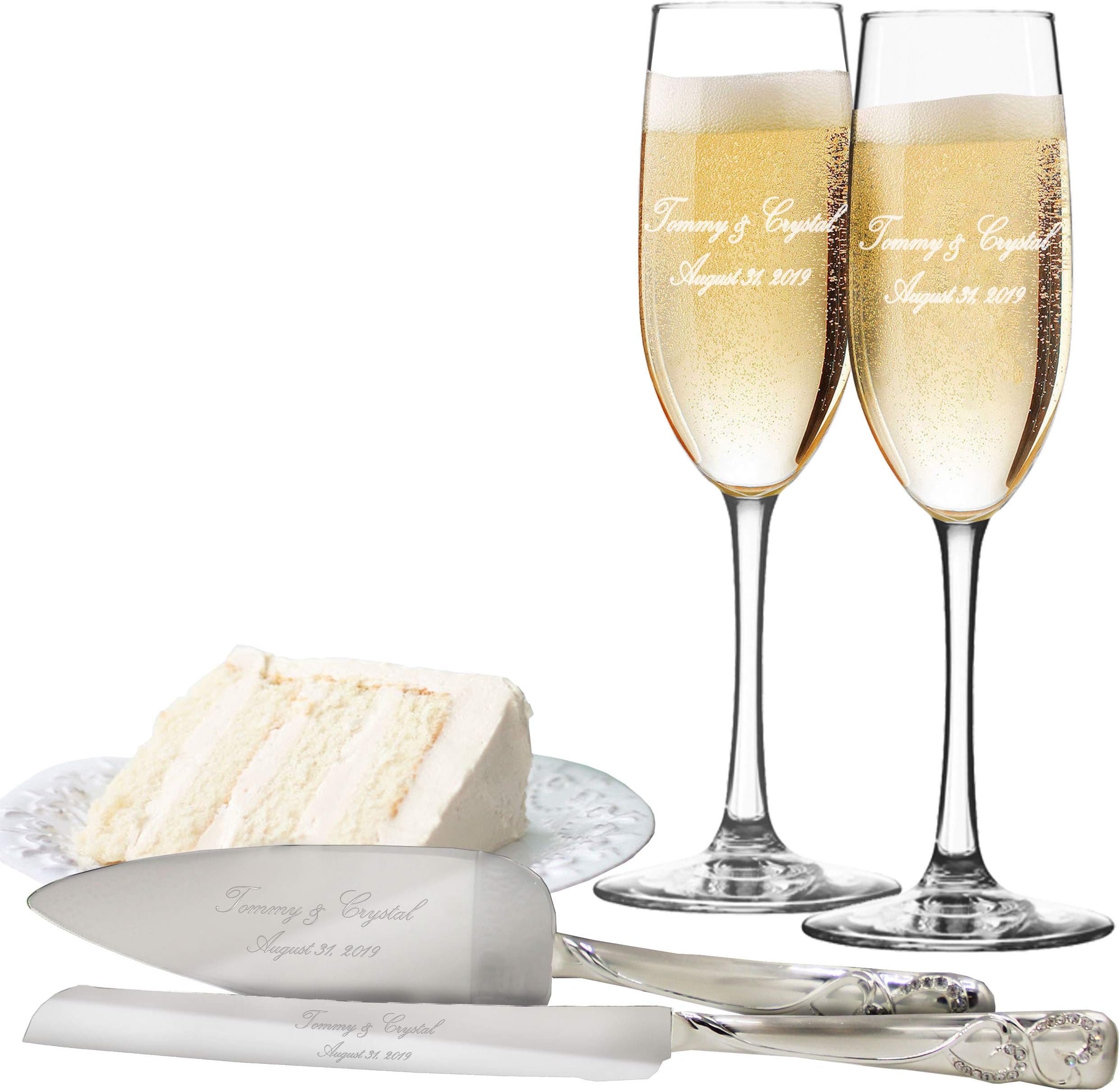 My Personal Memories Custom Engraved Toasting Flutes with Cake Server Set - Personalized Wedding Champagne Flute and Cake Serving Gift
