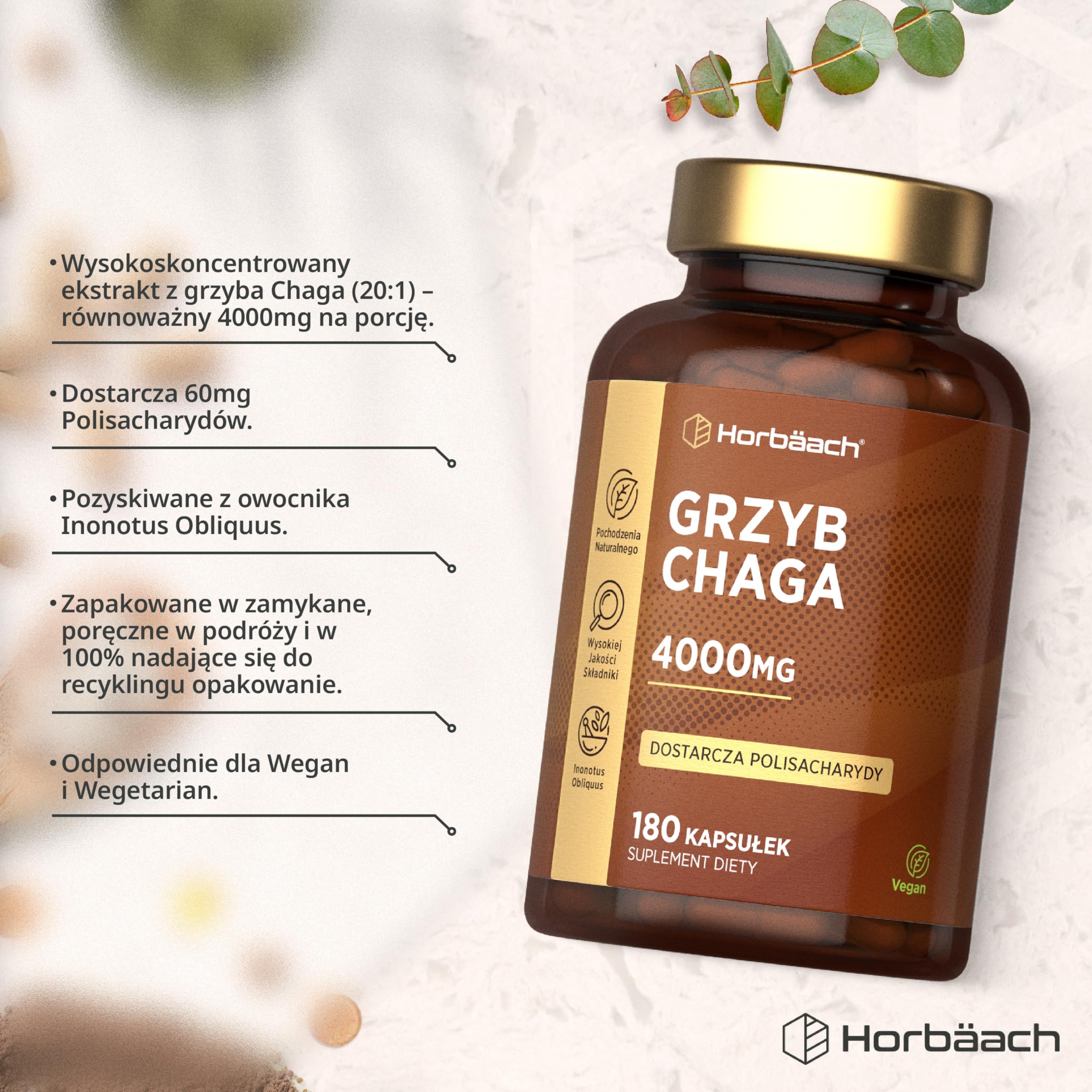 Chaga Grzyb Kapsułki 4000mg | Błyskoporek Podkorowy lub Chaga (Inonotus obliquus) | Naturalnego Pochodzenia | 90 Wegańskich Kapsułek | marki Horbaach