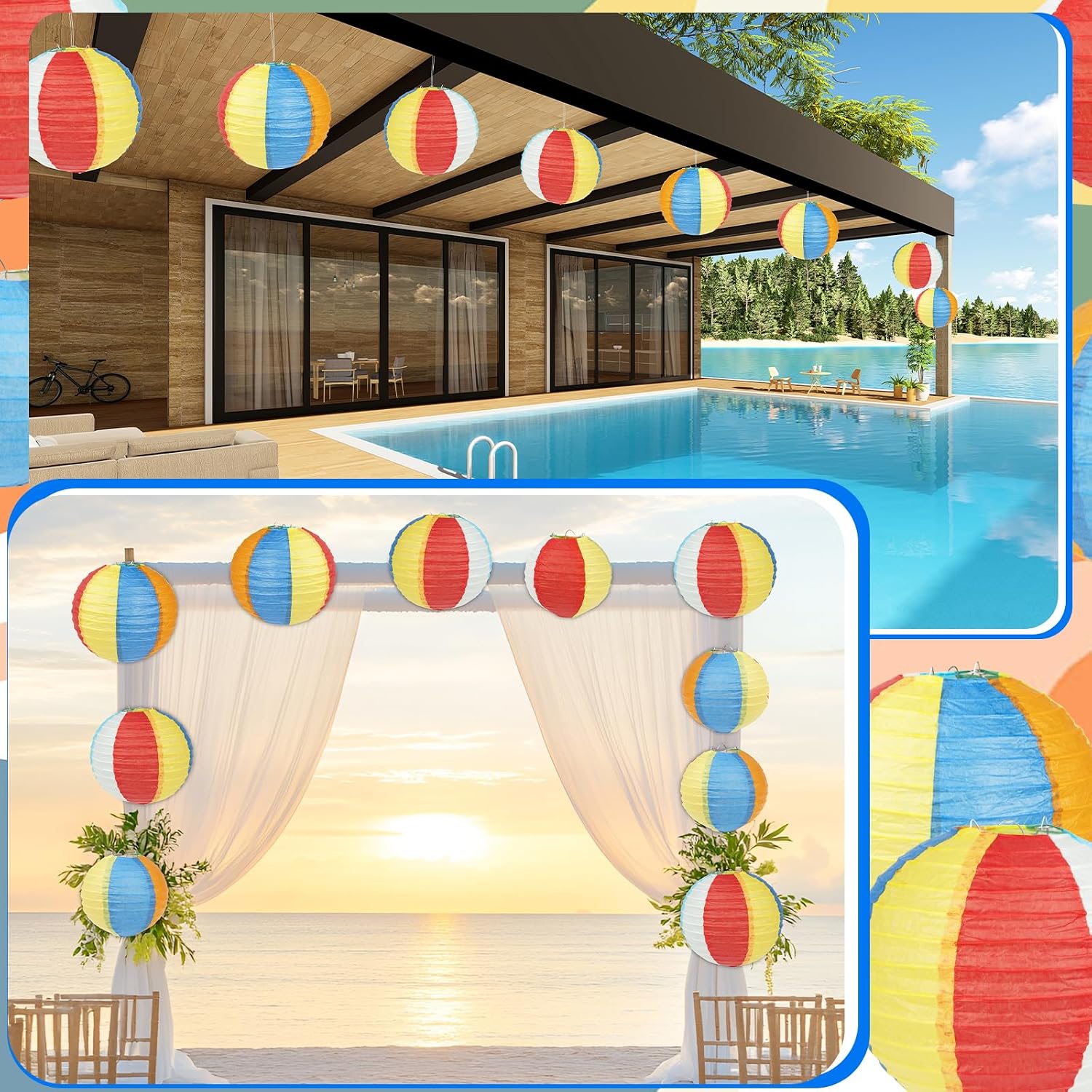 15Pcs Paper Lanterns Party Decorations for Luau Party，2 Size 8"+5.7" | Beach Ball Paper Lanterns Classroom Outdoor Decor, Decorative Summer Hanging Paper Lanterns(8pcs 8" + 7pcs 5.7")