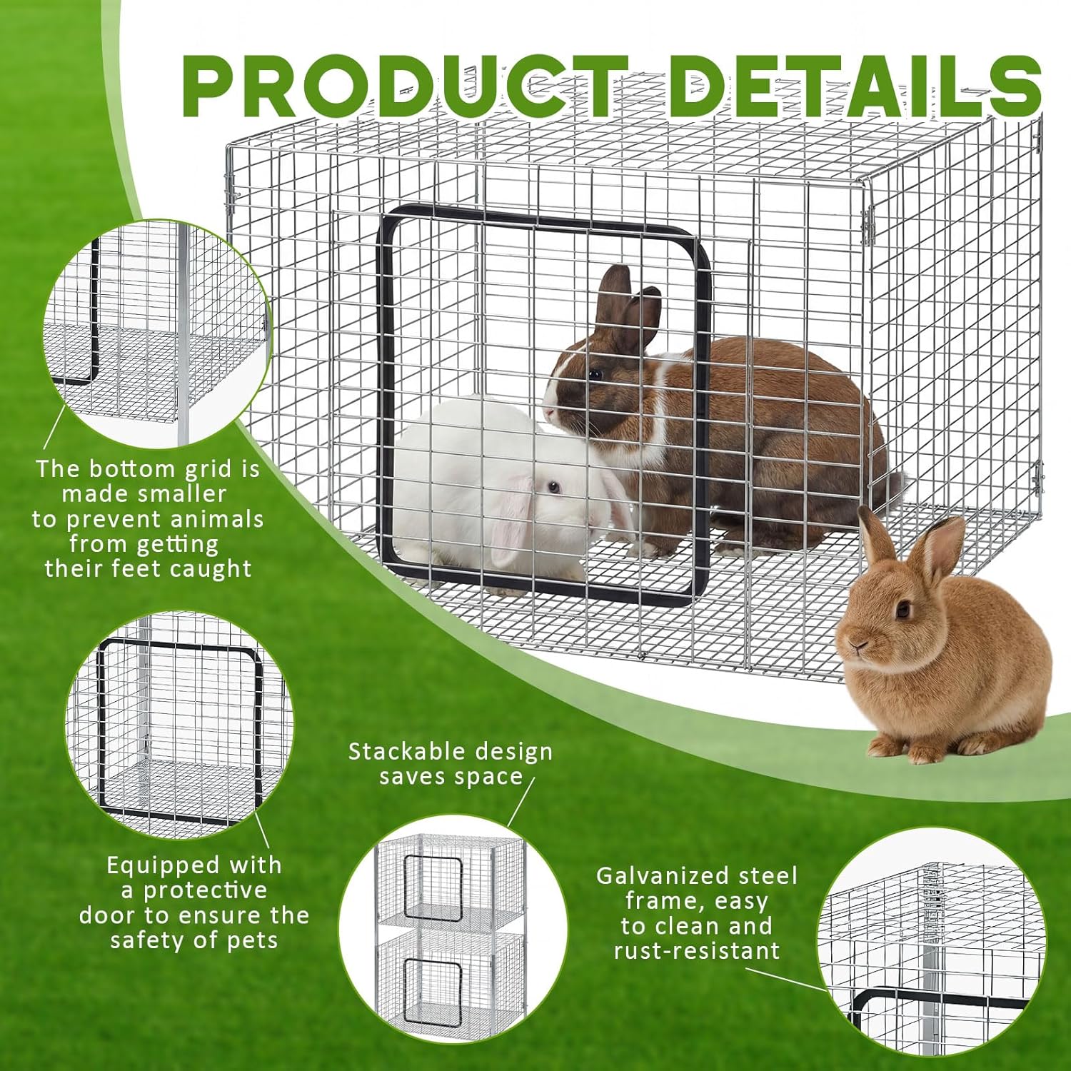 2 Pack Stackable Rabbit Cage Metal Small Animal Breeding Cage Nesting Box with Strips and Clips Grid Mesh Wire Rust Resistant Galvanized Easy to Assemble Rats Ferrets Hutch, 24"x 24"x16"