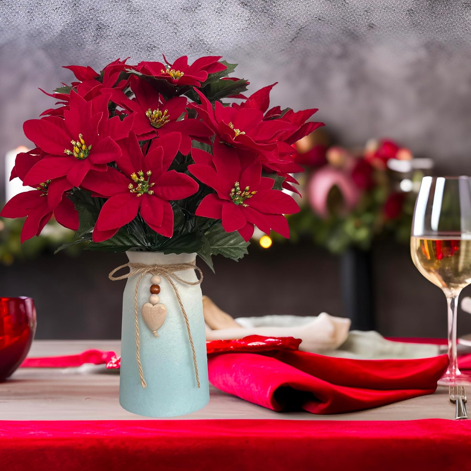 Artificial Poinsettia Christmas Flower Arrangement in Blue Vase, Elegant Holiday Décor for Home, Office, and Parties, Festive Centerpiece with Red Flowers and Rustic Charm