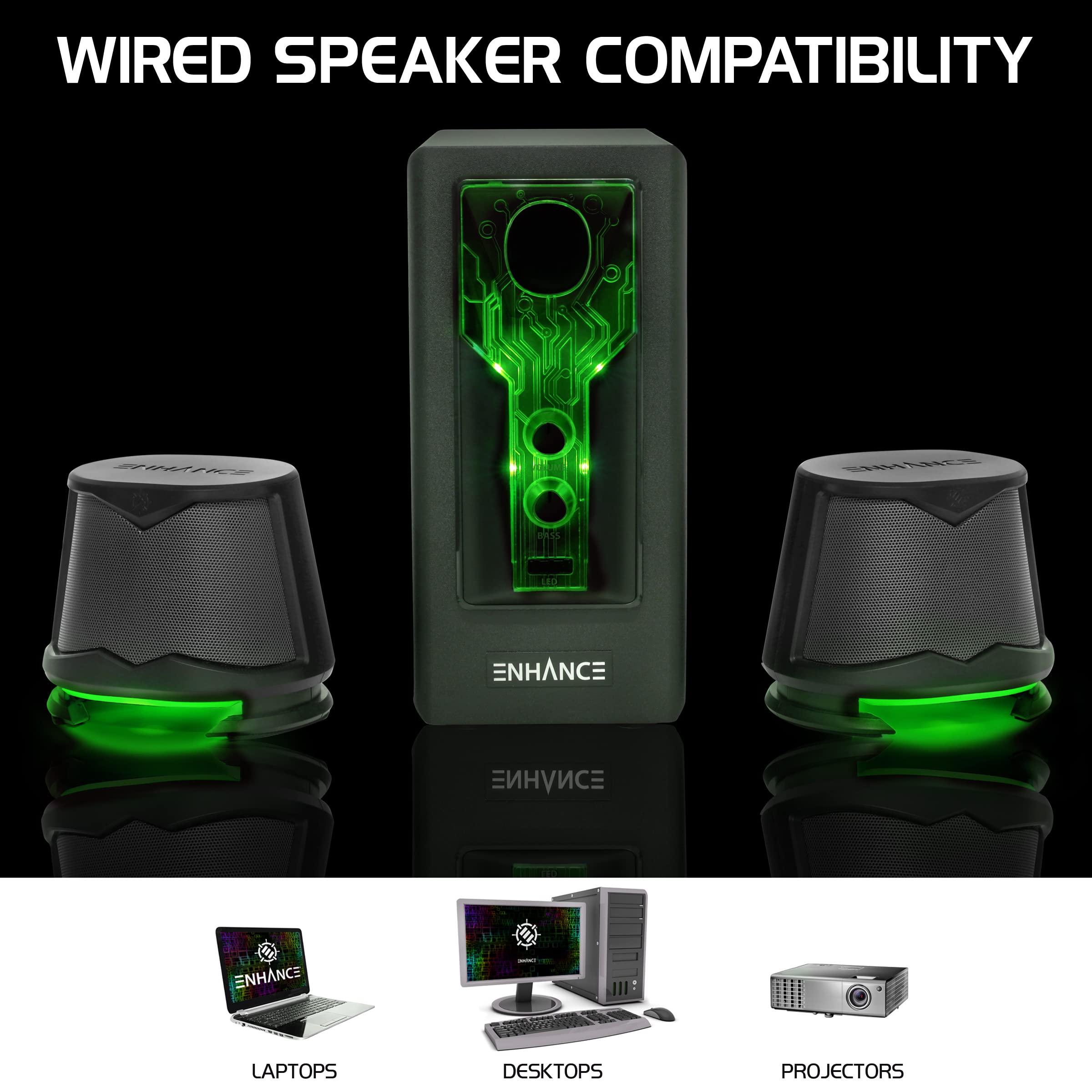 ENHANCE SB 2.1 Altoparlanti per Computer con Subwoofer - Casse Gaming con LED Verte, Sistema Audio ad Alta Escursione, con Jack da 3.5mm, Controllo Volume e Bassi, Compatibili con PC Gaming, Laptop