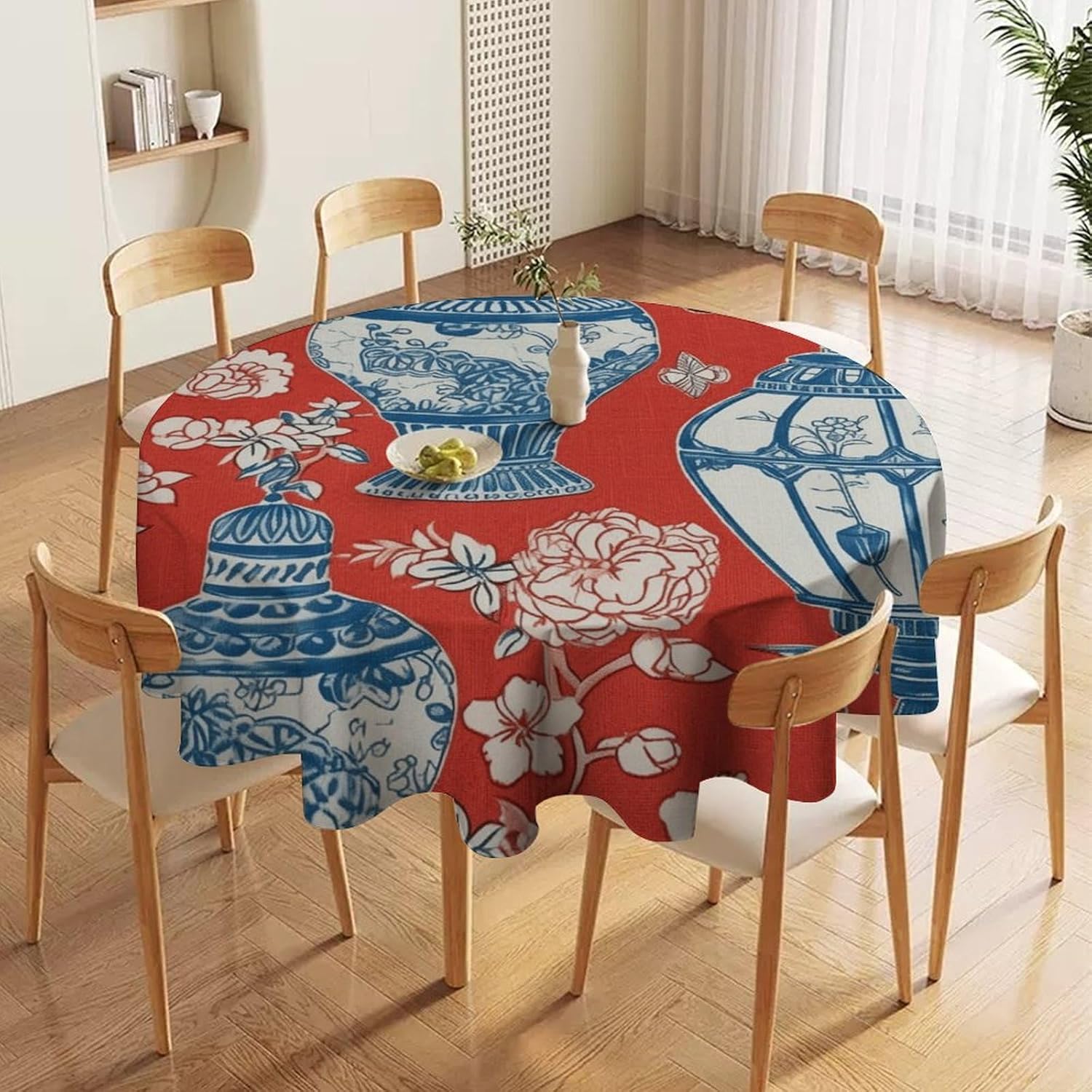 Blue Ginger Jar Chinoiserie Inspired Asian Inspired Bright Decor Round Tablecloth 70in Table Cloth Round Table Cover for Kitchen Dining Room Buffet Banquet Holiday Party Waterproof Table Decor