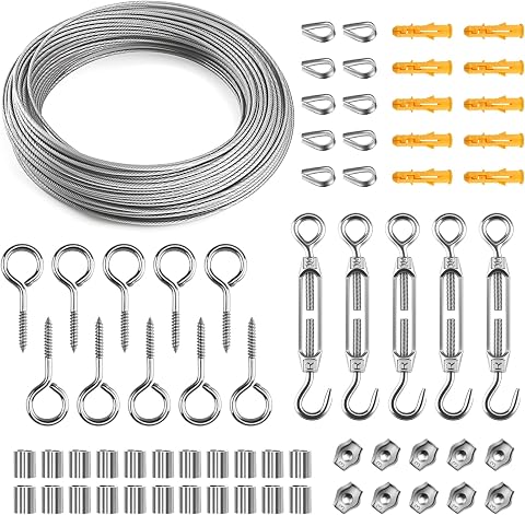 68 Piezas Cable Acero, 40M/2mm Cables Acero Plastificado Kit con Tensor Cuerda Tendedero, 304 Cuerda de Alambre Inoxidable con Tensor Ojales,Tensores para Toldos, Plantas Trepadoras, Jardín