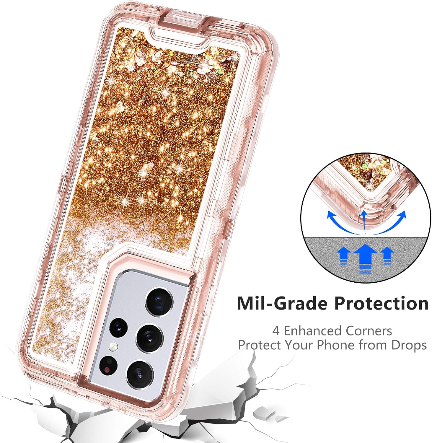 Coolden Designed for Galaxy S21 Ultra 5G Case Protective Glitter Cover Bling Quicksand Sparkle Women Girls Heavy Duty Hard Shell Shockproof TPU Case for Samsung S21 Ultra 6.8 inch Rose Gold