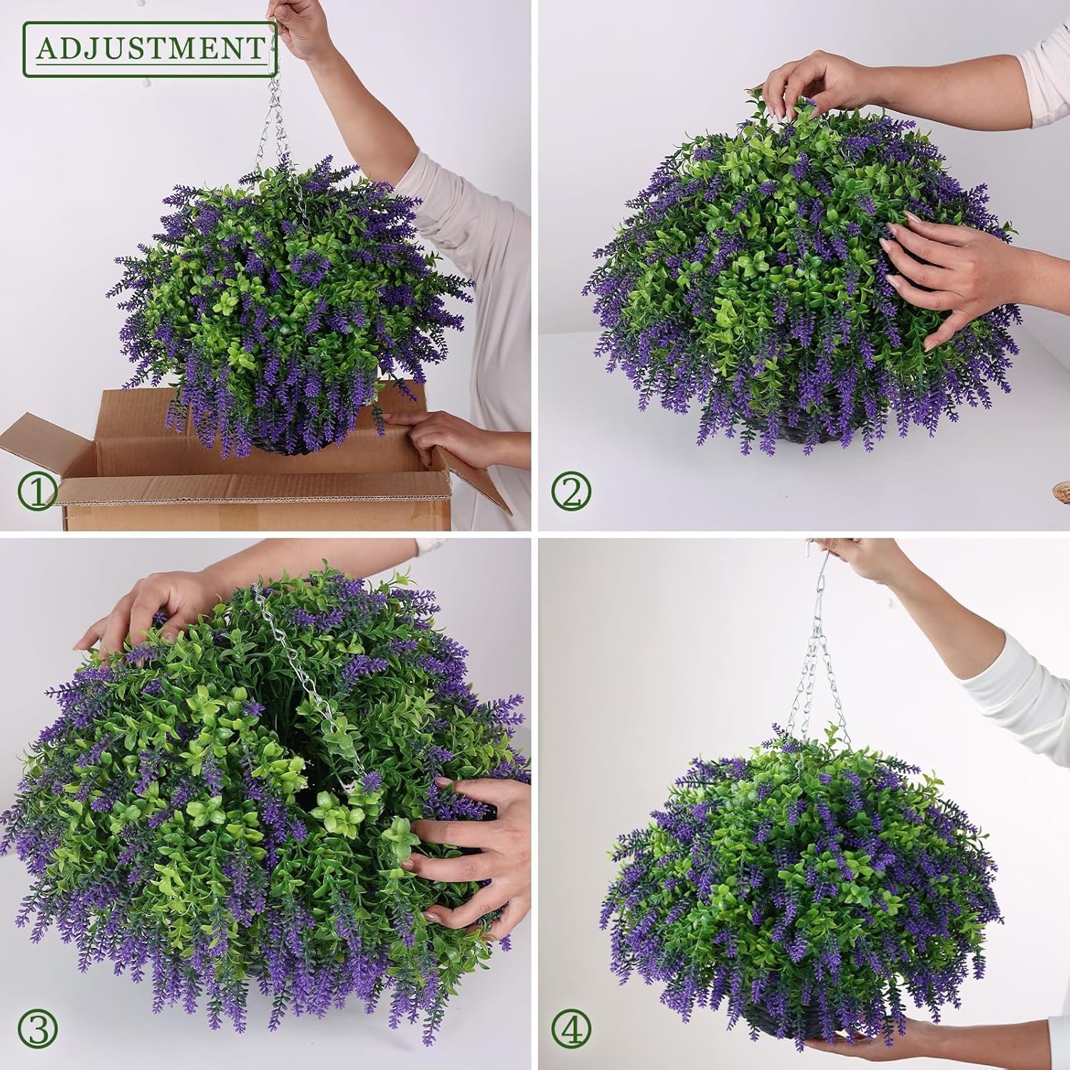 Artificial Lavender and Boxwood Hanging Basket - 2 Set for Outdoor Decorations,Fake Flower Hanging Basket UV-Resistant for Porch, Home Garden, Farmhouse, Eaves, Yard Decor