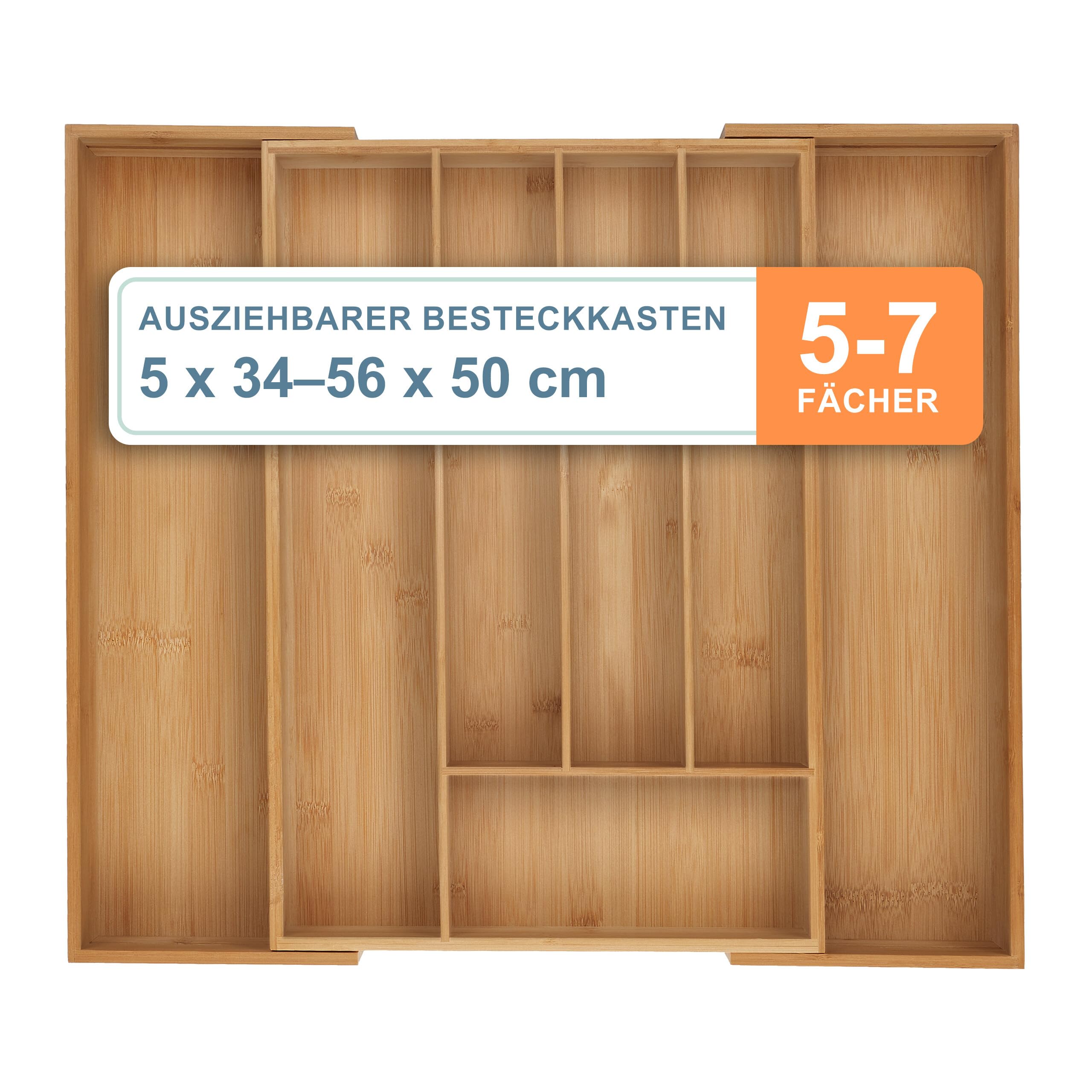 Relaxdays Besteckkasten, 5–7 Fächer, ausziehbarer Besteck Schubladeneinsatz, HxBxT: 6 x 34-56 x 50 cm, Bambus, Natur