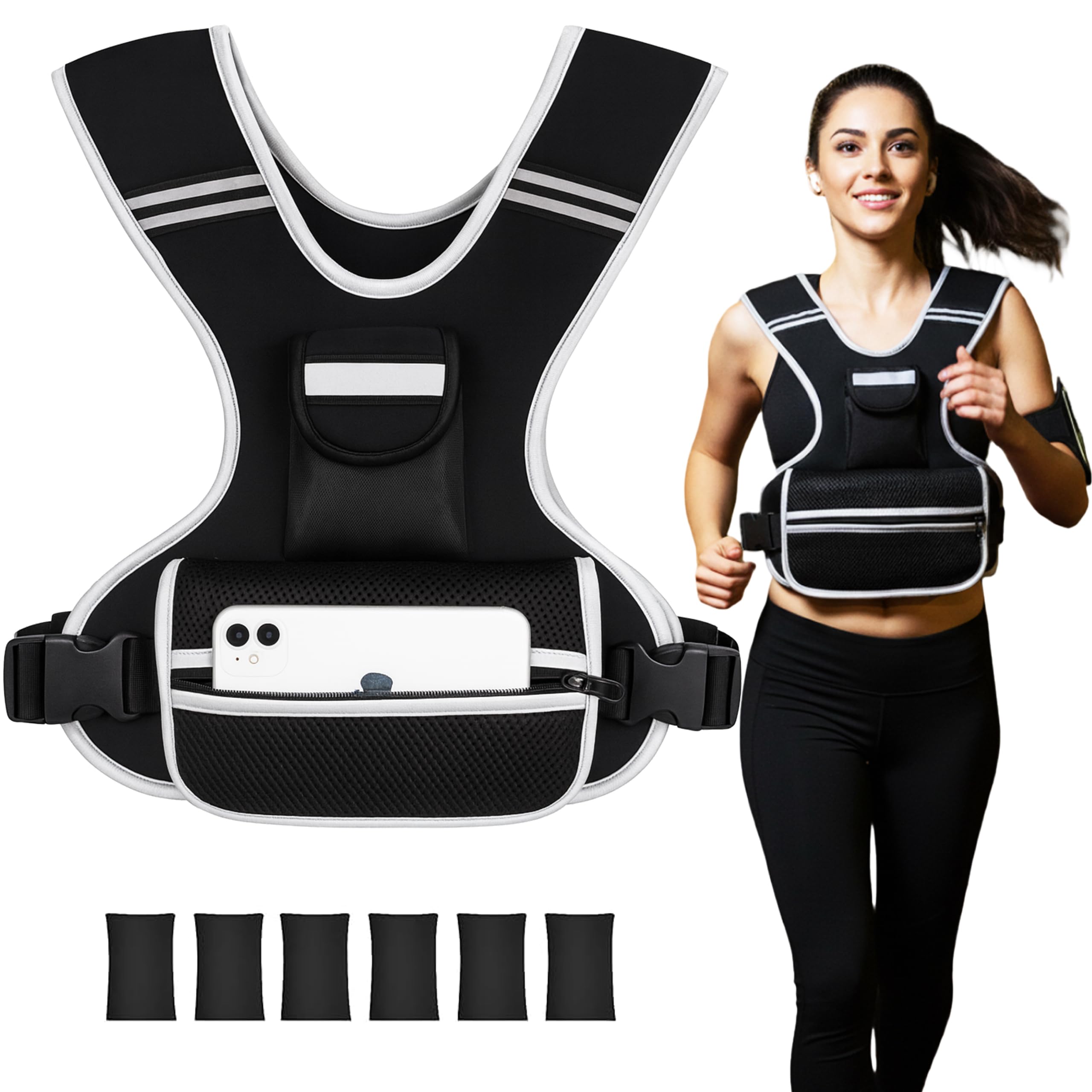 Adjustable Weighted Vest for Women and Men, 0-10lb/0-18lb with Removable Weights, Neoprene Fabric, Reflective Stripe and Padded Shoulders for Walking and At-Home Cardio