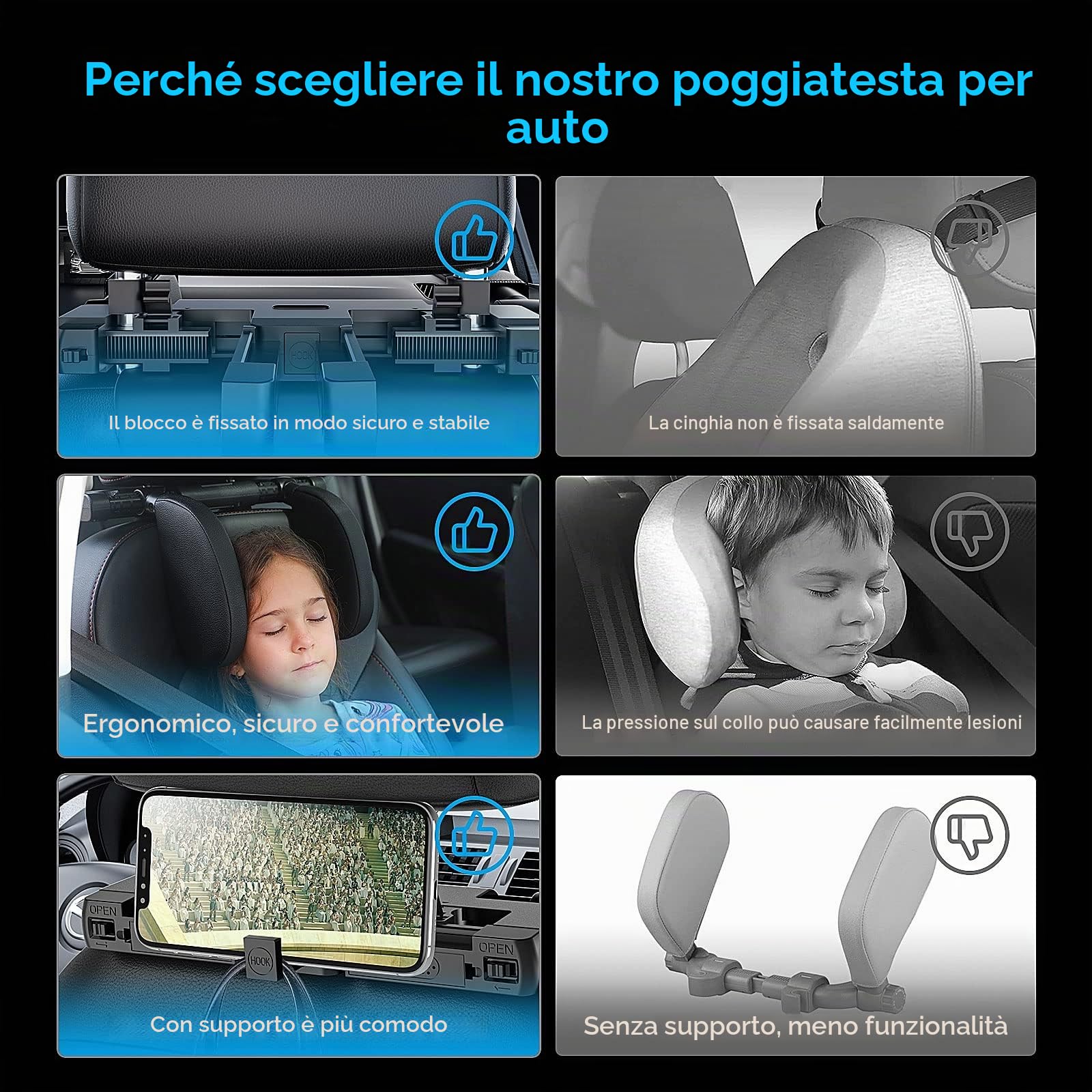 Poggiatesta Auto,180°Regolabile Telescopico Smontare Dell'auto Supporto Per Il Collo Dormire Poggiatesta Laterale,Adatto Per Il Supporto Della Testa di Adulti e Bambini (Nero A05 PVC)