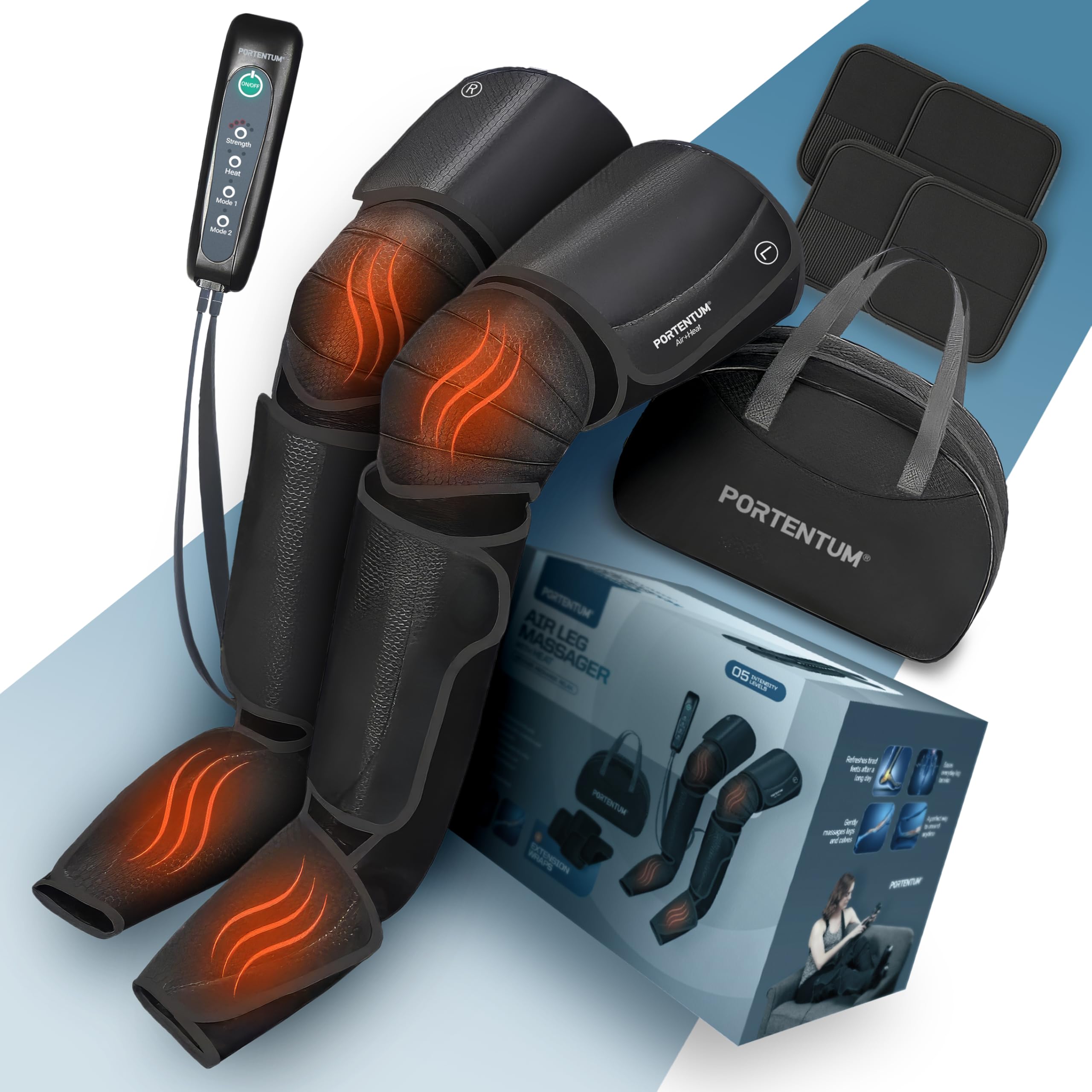 PORTENTUM Botas de presoterapia para casa con calor regulable ā Masajeador piernas con 5 niveles de compresión de aire ā Mando ā Alivia piernas cansadas y mejora la circulación ā Bolsa transporte