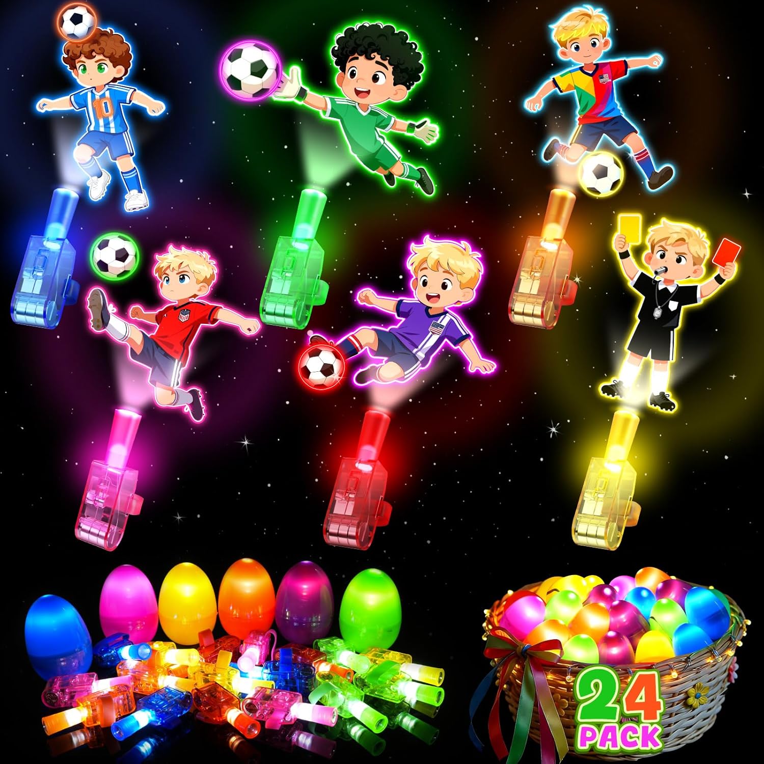 CPSYUB 24 Pack Easter Egg Fillers for Kids, Glow in the Dark LED Finger Lights Easter Toys with Football Pattern, Bright Colorful Basket StuffersGift for Classroom Prizes Party Favors for Boys Girls