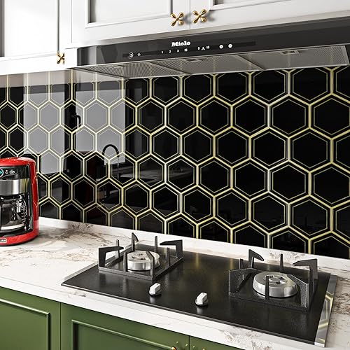Miniatura 8 de FunStick Azulejos hexagonales de 15 azulejos para salpicaduras de cocina, 12 x 12 pulgadas, azulejos autoadhesivos 3D negro y dorado, azulejos de