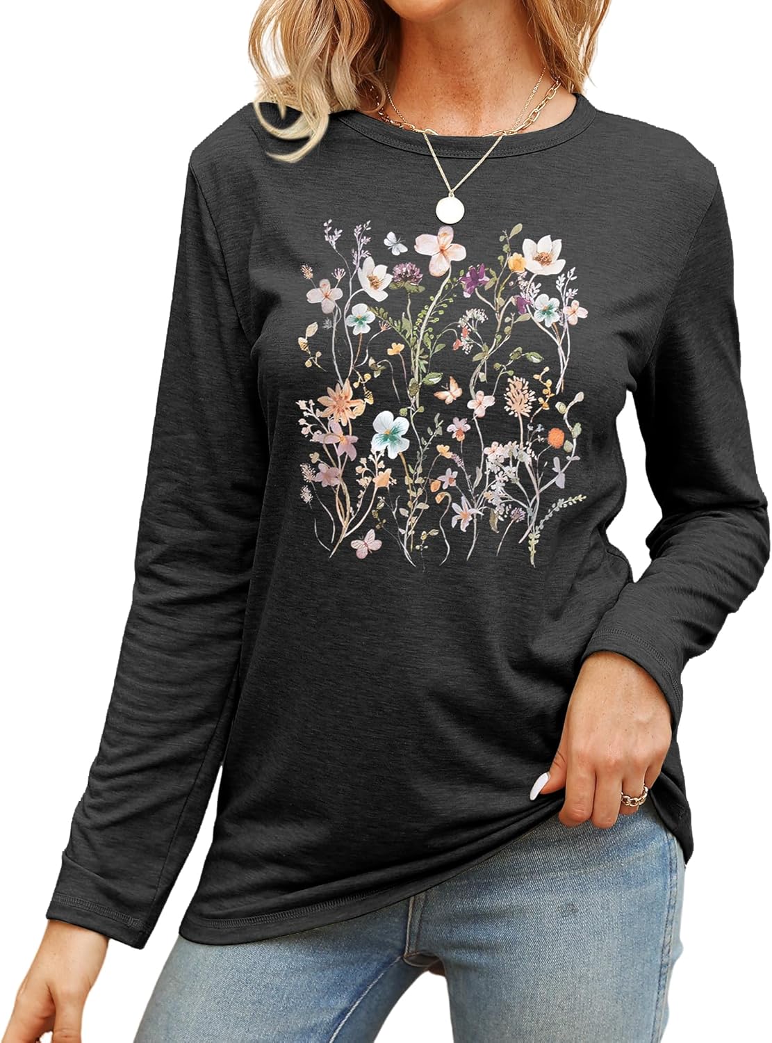Women Flower Graphic Long Sleeve T Shirt Boho Floral Shirt Vintage Botanical Tee Wildflower Lover Tops - Image 2