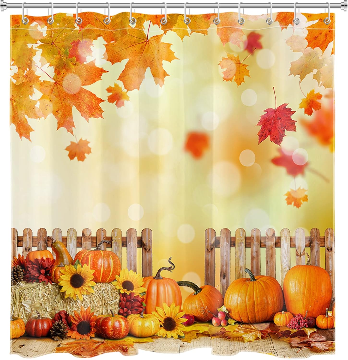 LB Fall Shower Curtain,Warm Night Scenery with Sycamore Tree and Pumpkin Funny Bathroom Decor,72x78 Inch Fabric with 12 Hooks