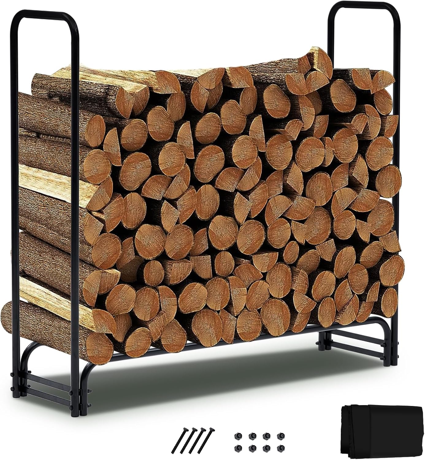 12.5FT Outdoor Firewood Rack with Cover, 3/4 Cord of Firewood, Heavy Duty Firewood Holder & Waterproof Cover for Fireplace, Patio, Log Storage Rack for Firewood 150in*47in*14in Outdoor Indoor