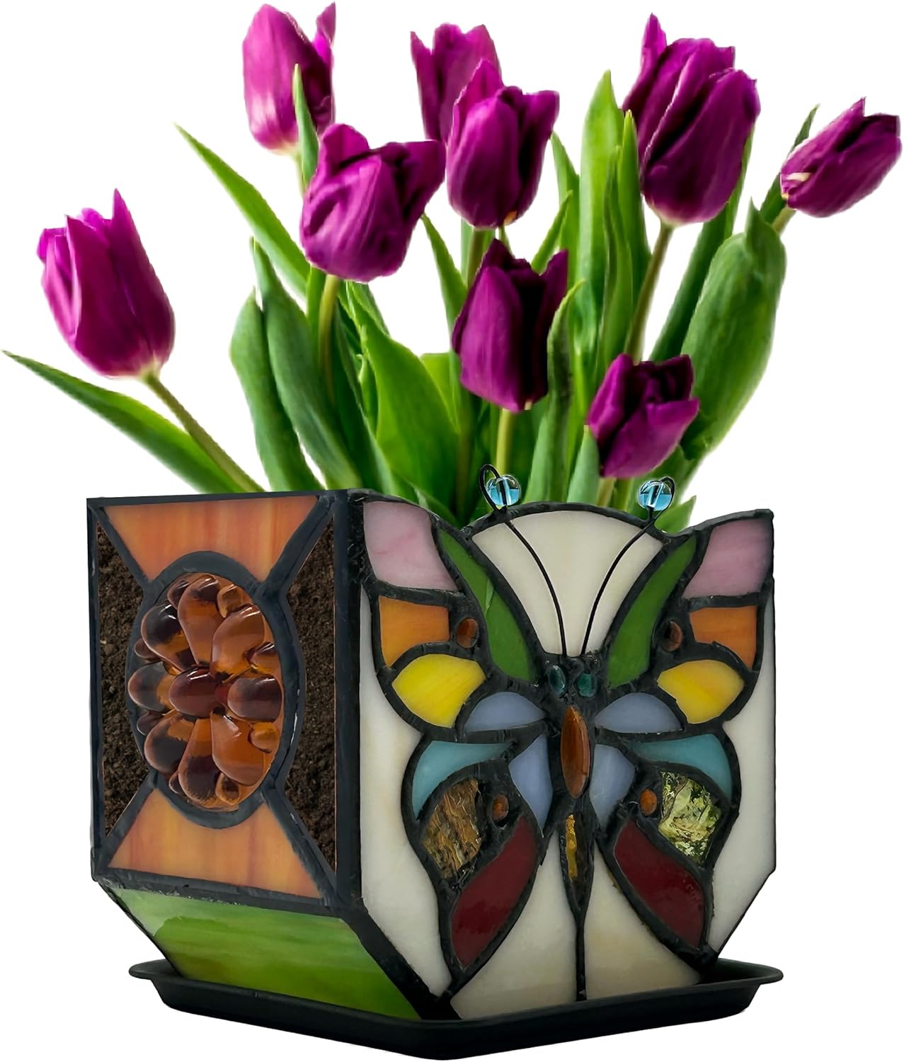 Handcrafted Stained Glass Butterfly Planter, Cute Planters for Indoor Plants,Decorative Indoor Flower Pot, Cactus Pot, with Drainage,Home Garden Decor