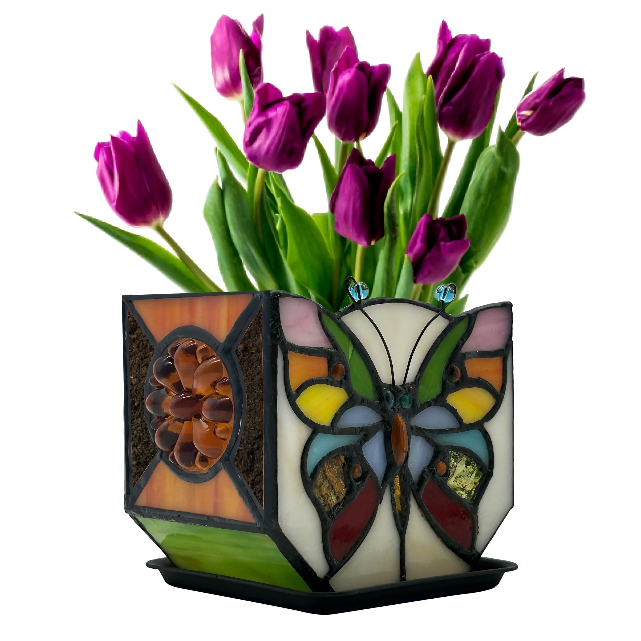 Entlityful Handcrafted Stained Glass Butterfly Planter