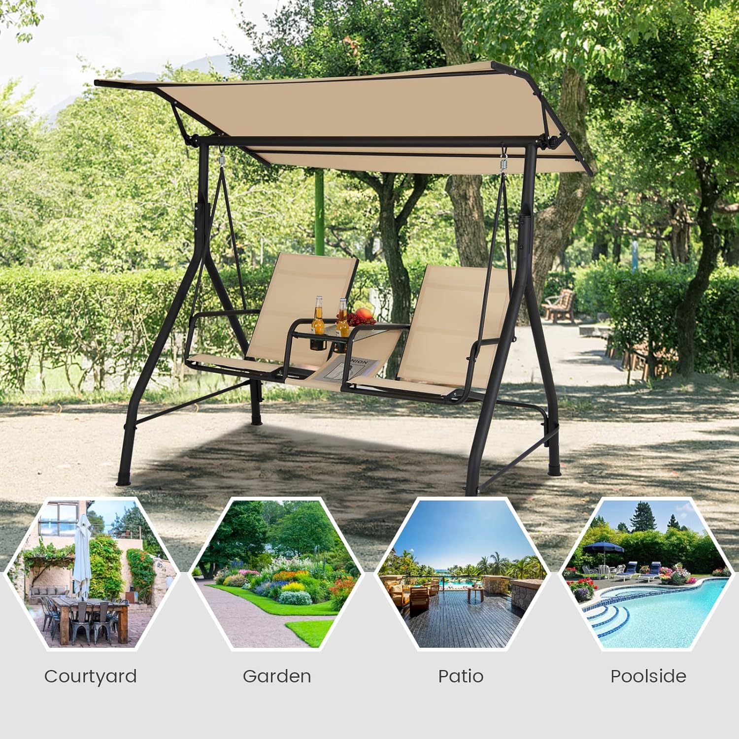 Tangkula 2 Person Porch Swing, Outdoor Swing with Tempered Glass Table, 2 Cup Holder, Patio Swing with Adjustable Canopy for Garden, Porch, Backyard Beige