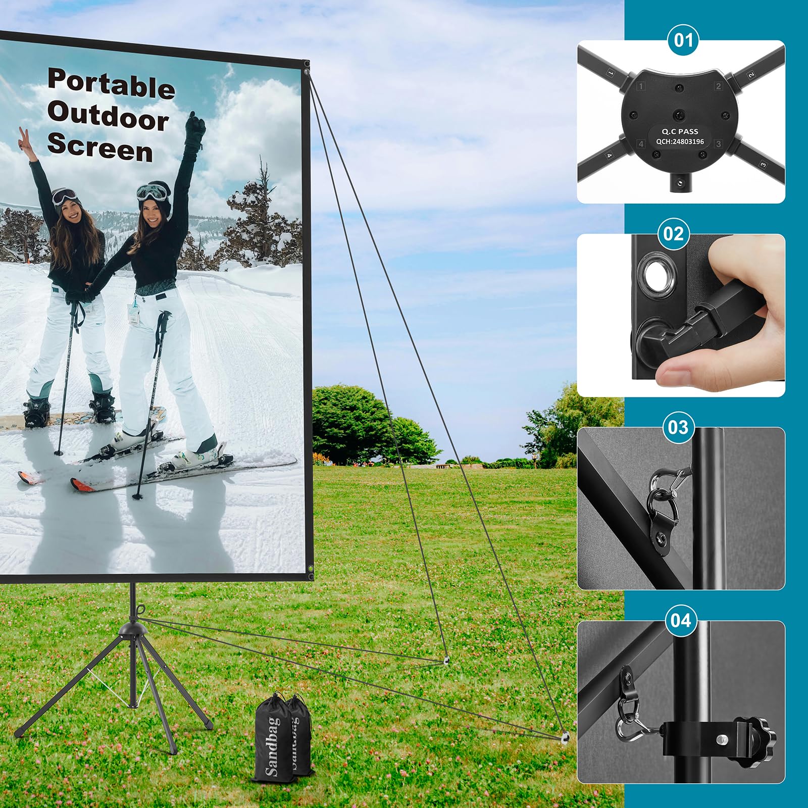 Beamer Leinwand Outdoor mit Stativ, 150 Zoll (16:9), Tragbar Projektor Leinwand, Windresistente Projektionsleinwand, Fiberglas, Stabiler Rückhalt, Stativ-/Wandmontage, für Gartenpartys, Heimkino.
