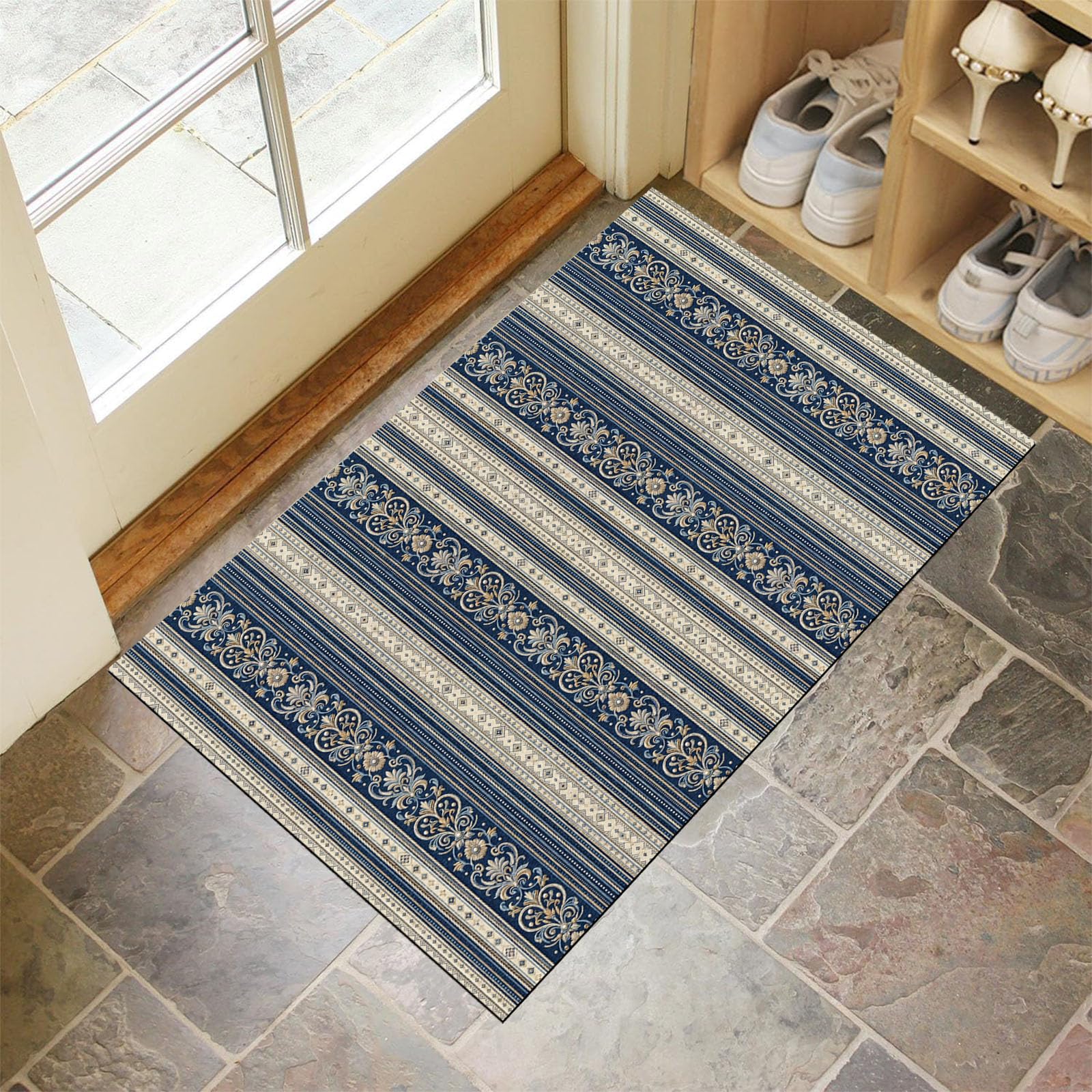 Zerbino Ingresso Interno Eleganti Righe Damascate, Zerbino Di Benvenuto Lavabile Morbida Geometrico Retrò, Antiscivolo Tappeto Da Decorazioni Beige Blu Per Casa Porta D'Ingresso, 90X150Cm