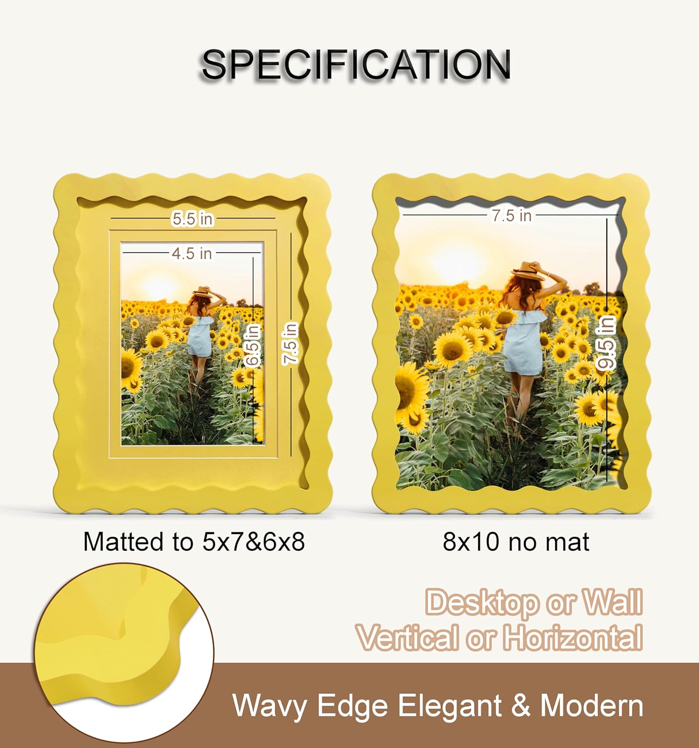 Scalloped 8x10 Picture Frame, Real Glass Wood Frame with Reversible Mat for 5x7/6x8 Prints, Wavy Edge for Wall or Tabletop, Decorative Photo Frame, Yellow