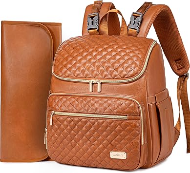 Weitars Diaper Bag Backpack Leather Baby Diaper Bag with Changing Pad Travel Diaper Backpack,Baby Bag for Mom,Stroller Straps,5 Insulated Pockets Brown Leather