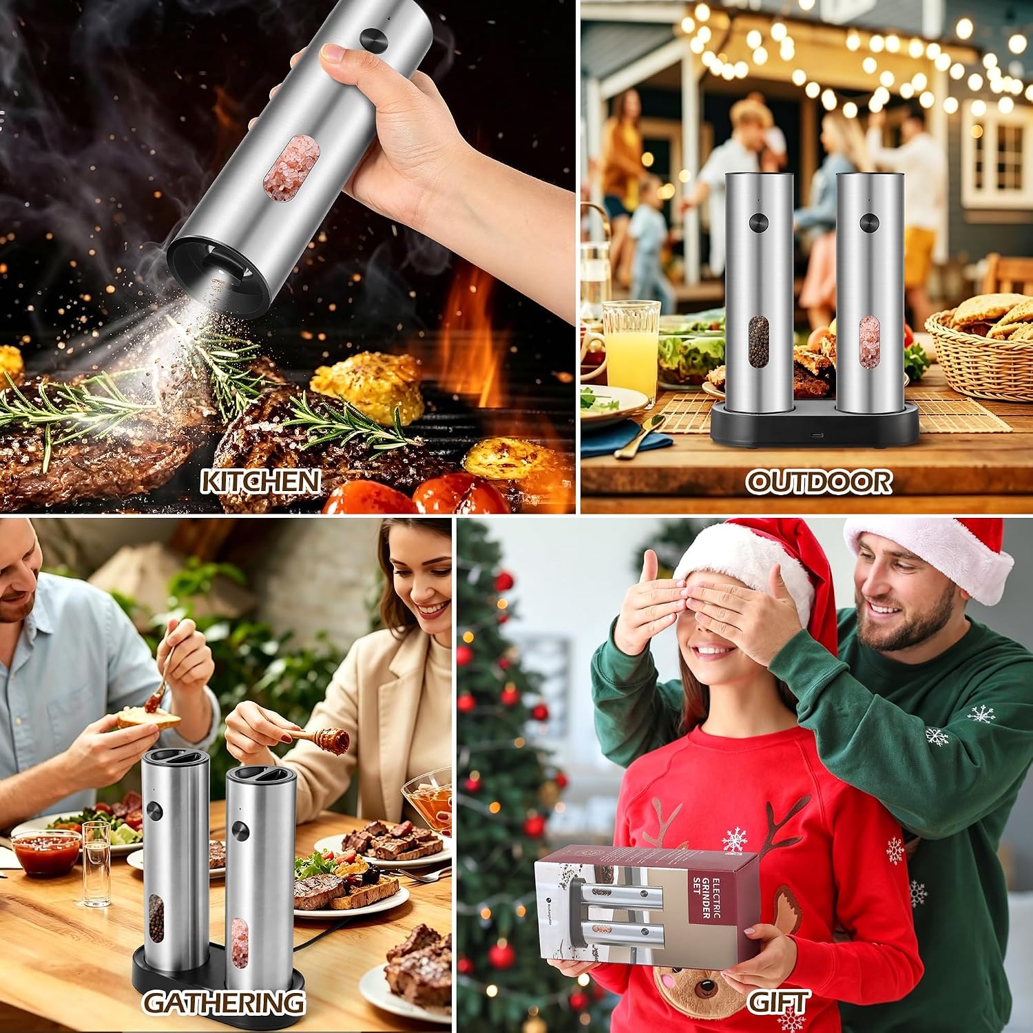 Electric Salt and Pepper Grinder Set, 110 ml Rechargeable Automatic Salt and Pepper Shakers with Adjustable Coarseness Charging Base LED Light Ceramic Grinder Core for Kitchen Outdoor Gift