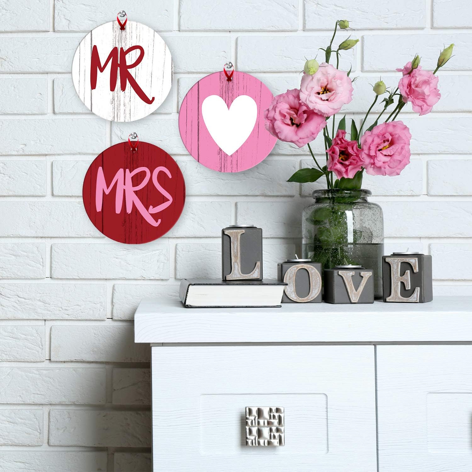Soul Décor Valentines Day Ornaments Decoration, Mr & Mrs Heart, (Set of 3) Large 3.75" Round Metal Ornament, with Red Satin Ribbon