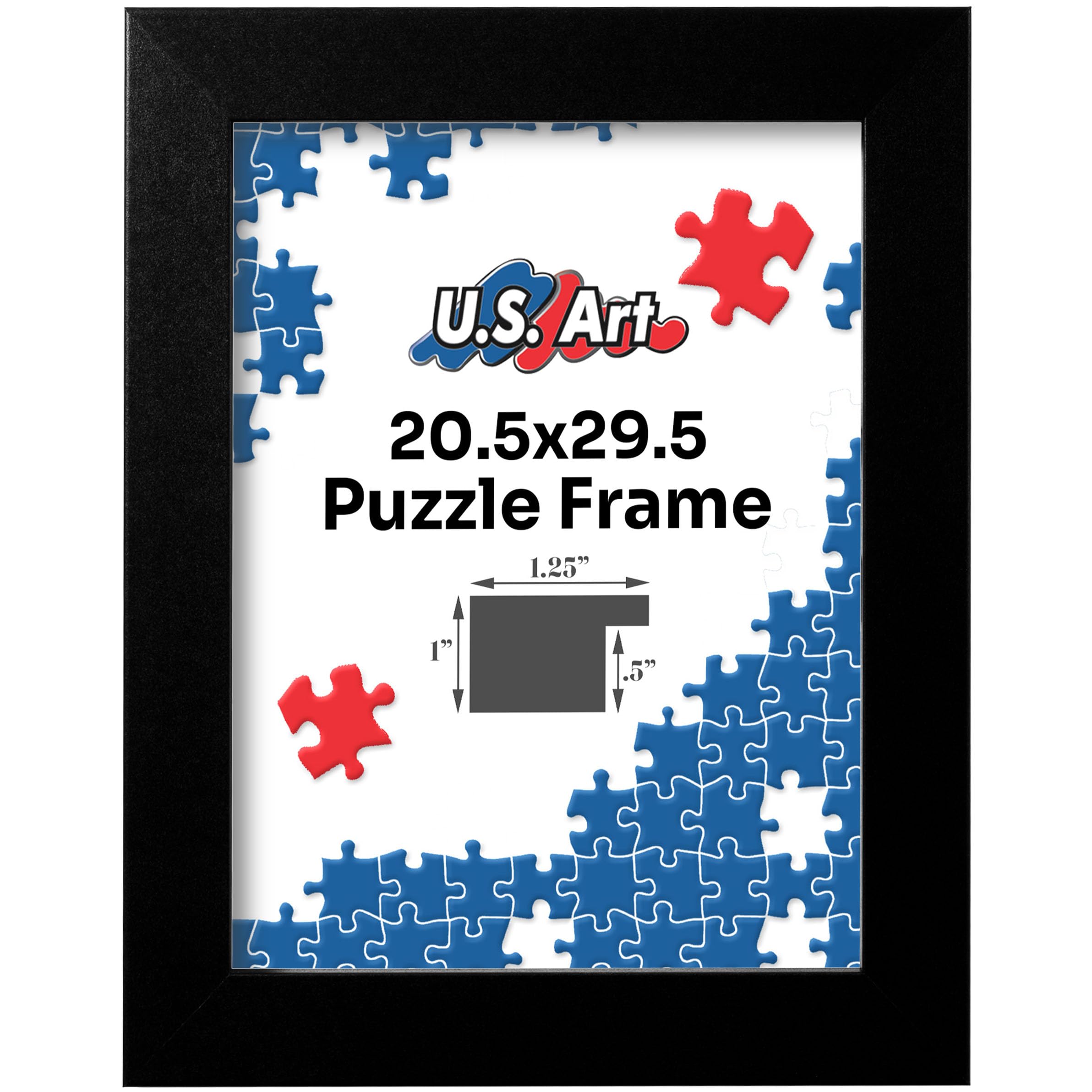 US Art Black 20.5x29.5 Puzzle Frame 1.25" Inch Wide - Handmade American Picture Frames with Preinstalled Hangers and UV Blocking Plexiglass, 20.5x29.5